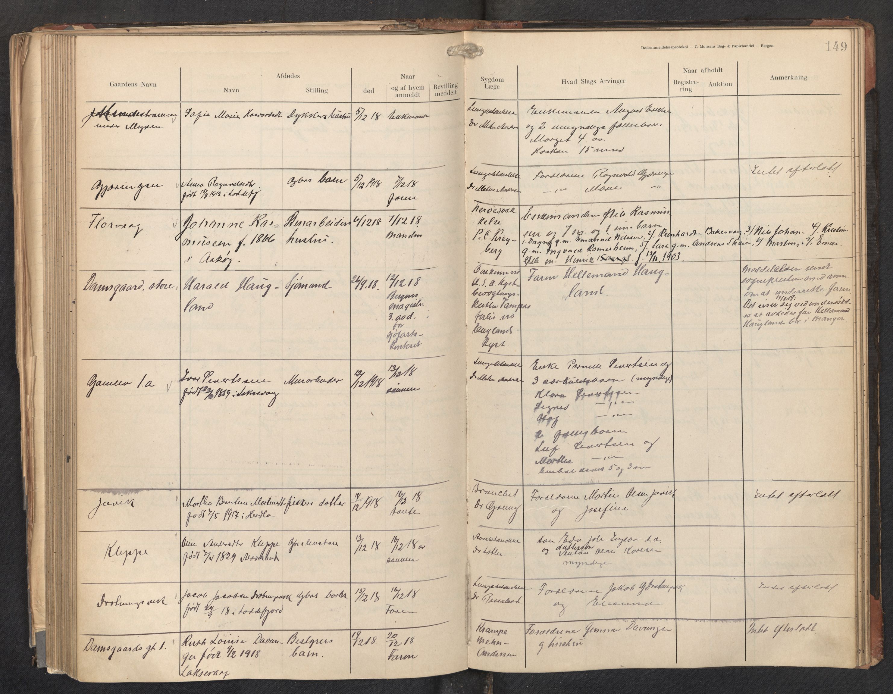 Lensmannen i Askøy, AV/SAB-A-31001/0006/L0001: Dødsfallprotokoll med register , 1907-1921, s. 149