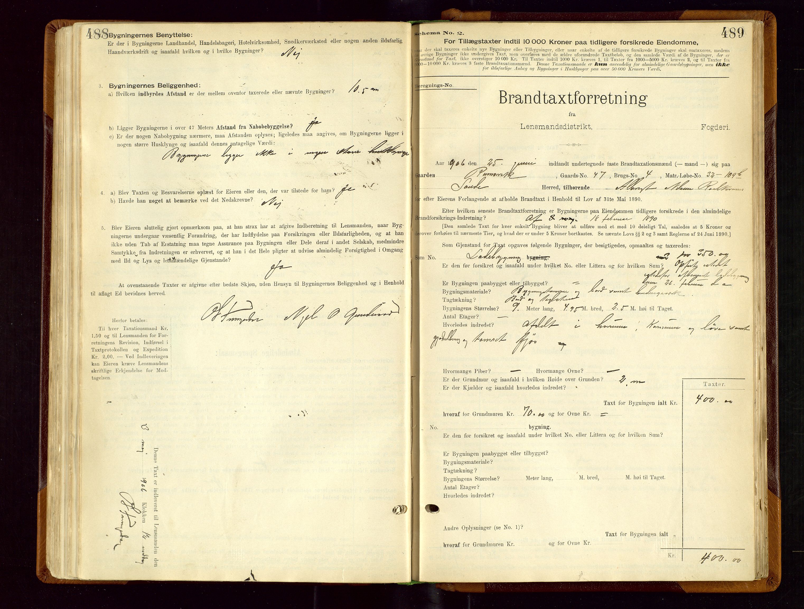 Sauda lensmannskontor, SAST/A-100177/Gob/L0001: Branntakstprotokoll - skjematakst, 1894-1914, s. 488-489