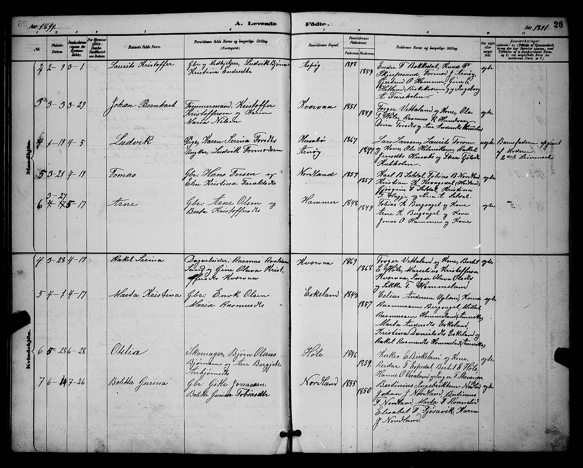 Høgsfjord sokneprestkontor, AV/SAST-A-101624/H/Ha/Hab/L0003: Klokkerbok nr. B 3, 1886-1905, s. 26