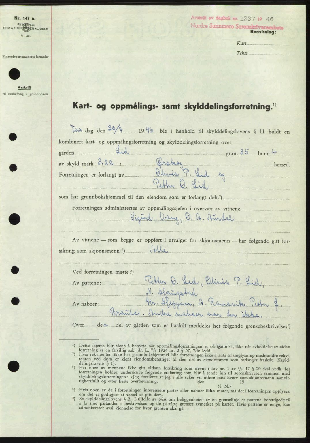 Nordre Sunnmøre sorenskriveri, SAT/A-0006/1/2/2C/2Ca: Pantebok nr. A22, 1946-1946, Dagboknr: 1237/1946