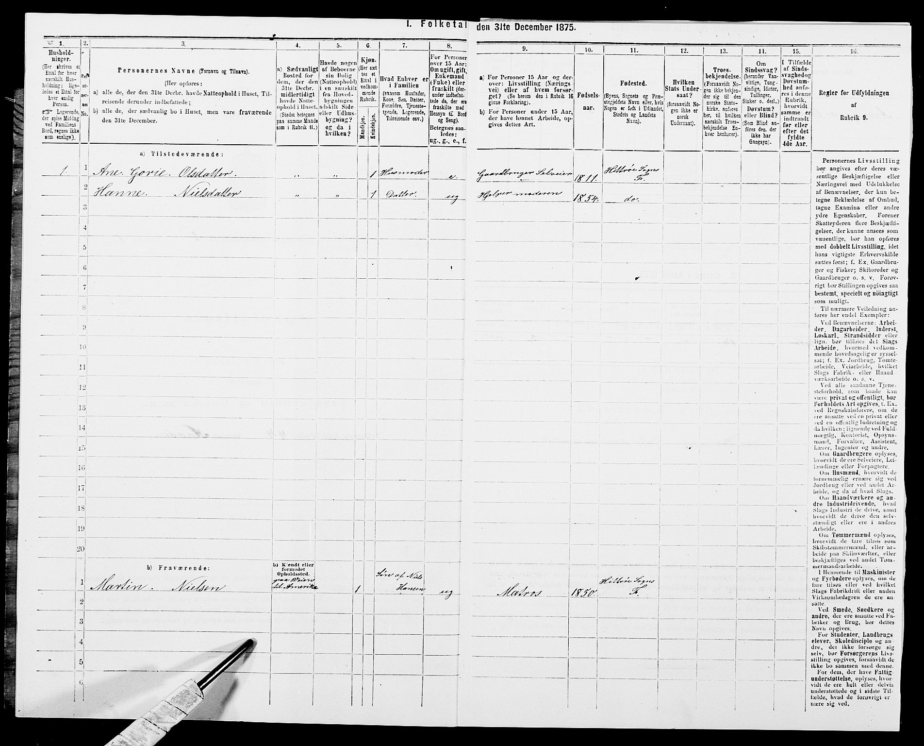 SAK, Folketelling 1875 for 1042L Flekkefjord prestegjeld, Nes sokn og Hidra sokn, 1875, s. 265