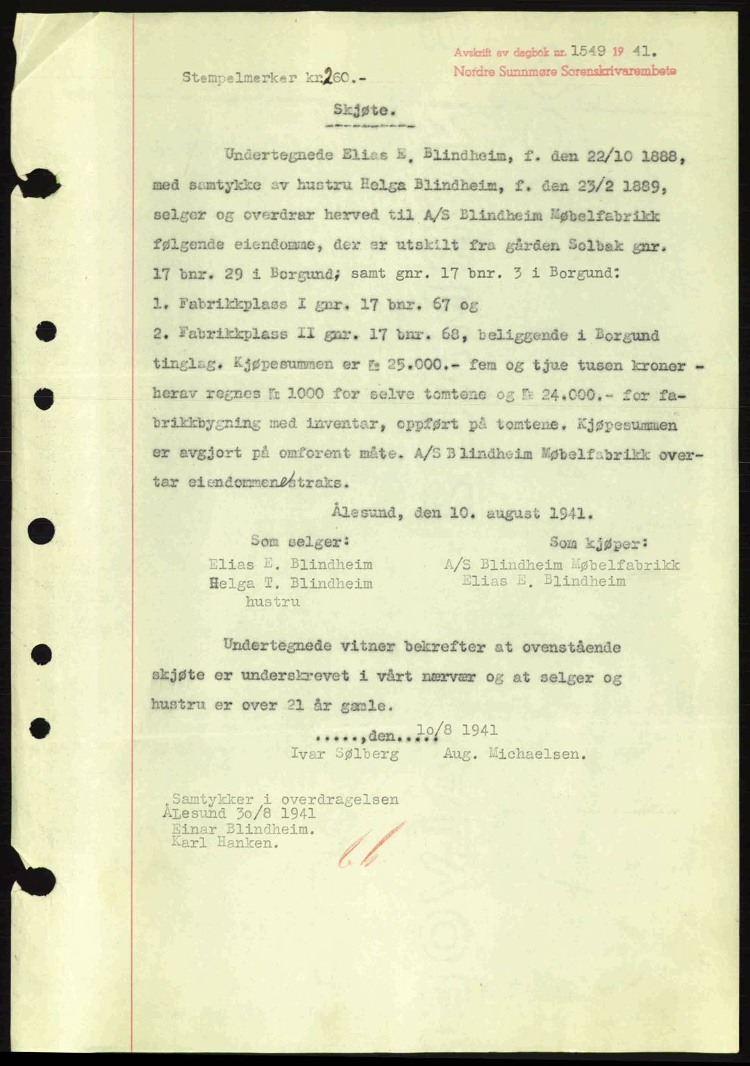 Nordre Sunnmøre sorenskriveri, SAT/A-0006/1/2/2C/2Ca: Pantebok nr. A11, 1941-1941, Dagboknr: 1549/1941