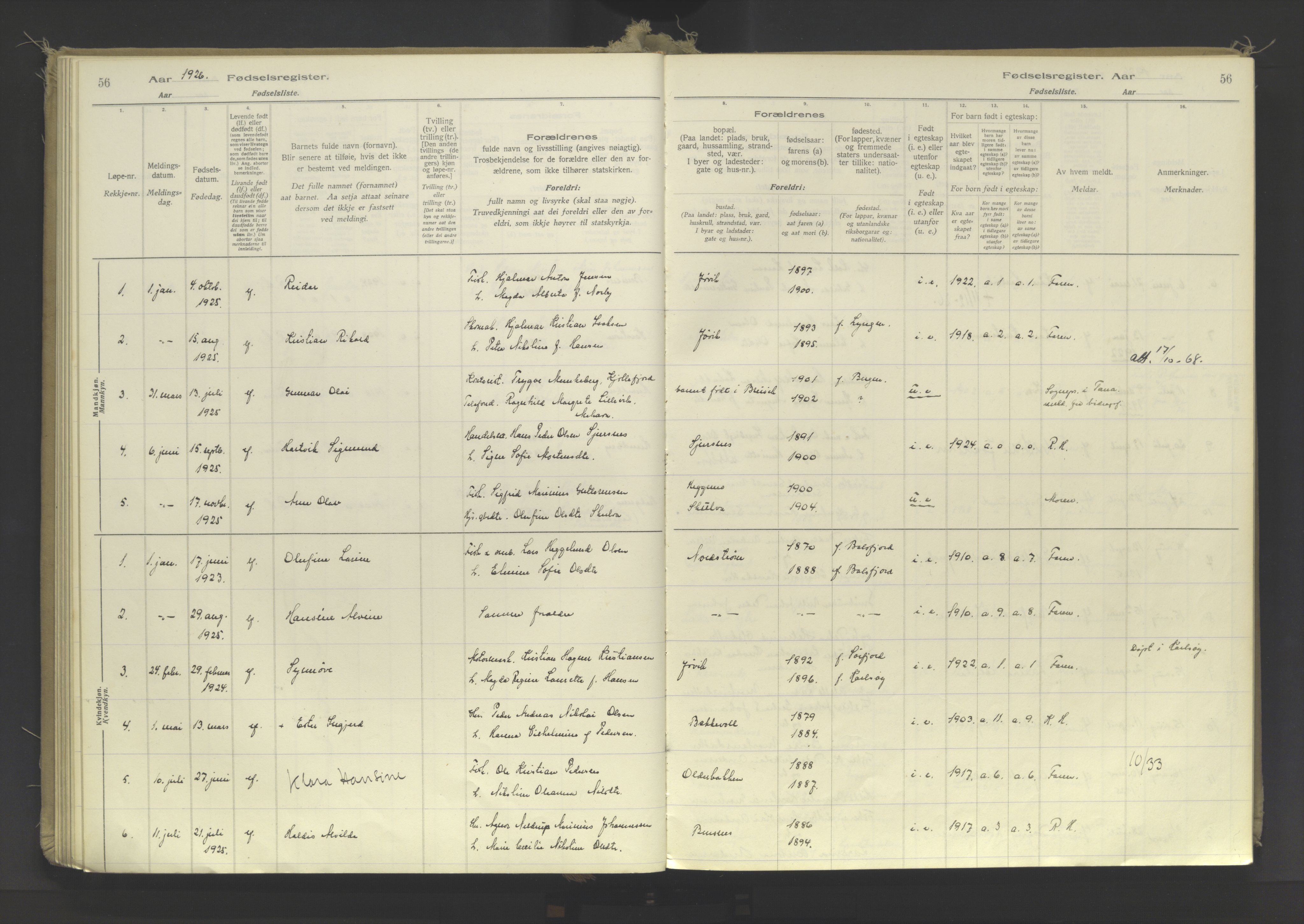 Lyngen sokneprestembete, AV/SATØ-S-1289/I/Ia/L0078: Fødselsregister nr. 78, 1916-1950, s. 56