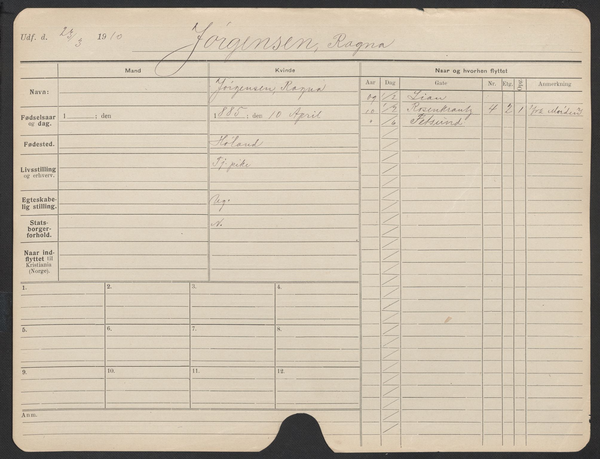 Oslo folkeregister, Registerkort, SAO/A-11715/F/Fa/Fac/L0018: Kvinner, 1906-1914, s. 729a