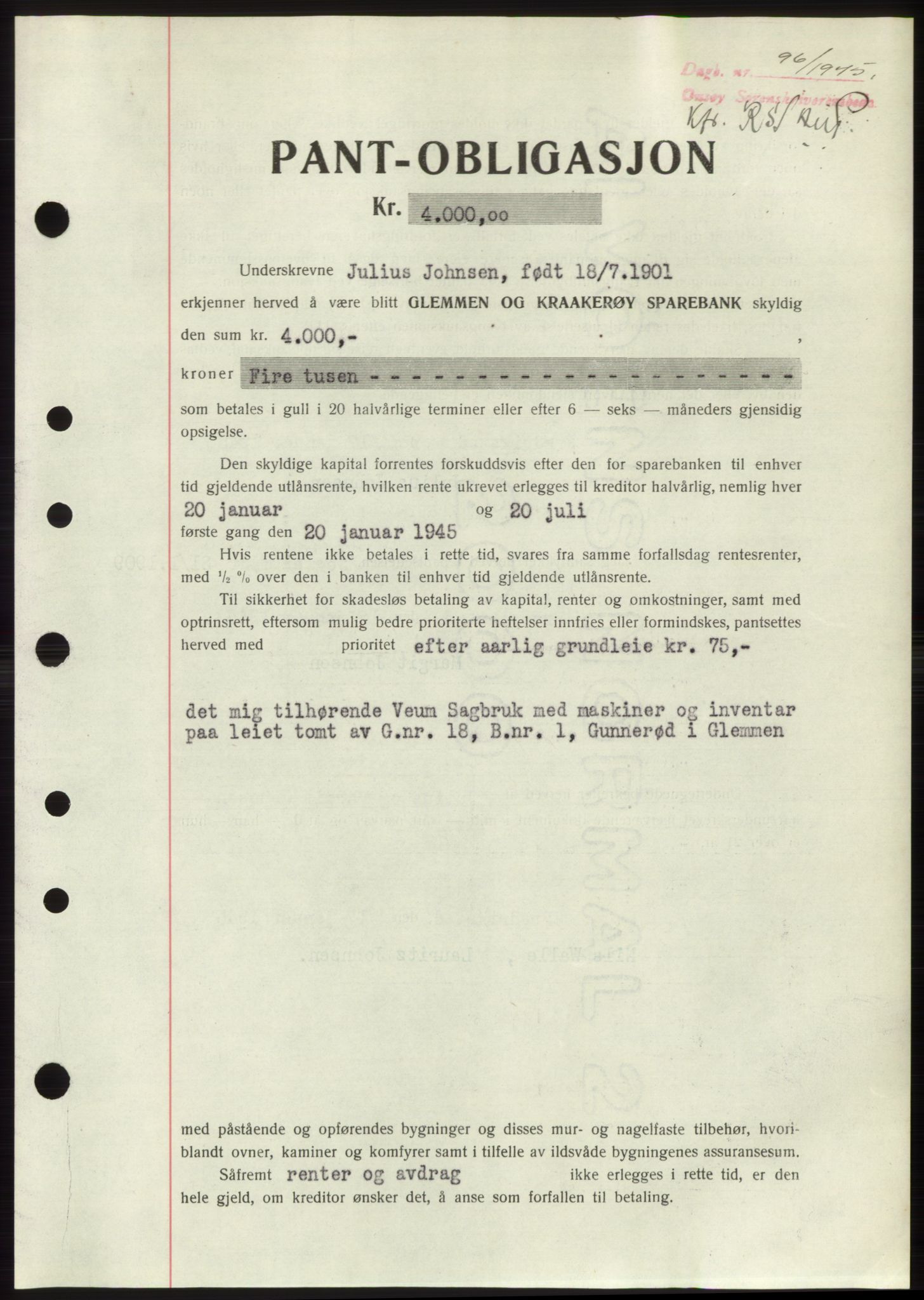 Onsøy sorenskriveri, SAO/A-10474/G/Ga/Gac/L0004: Pantebok nr. B4, 1944-1946, Dagboknr: 96/1945