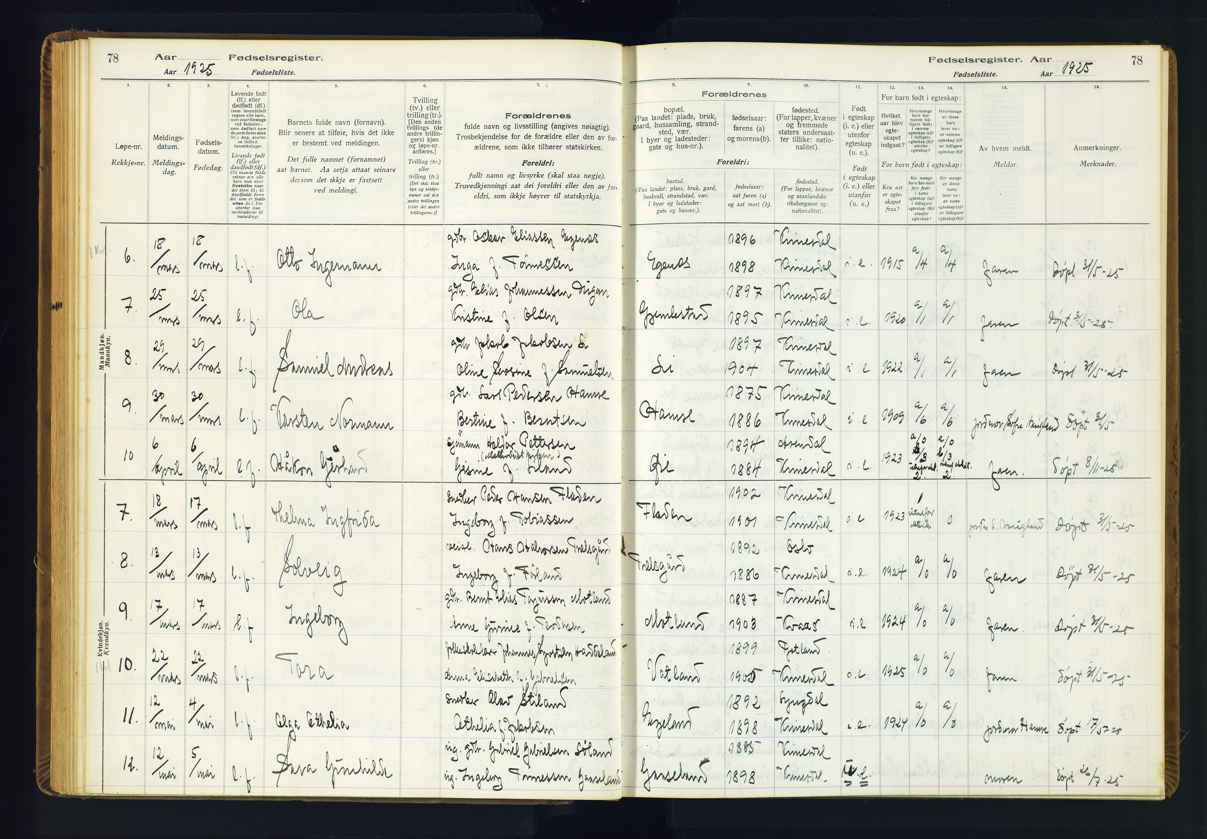 Kvinesdal sokneprestkontor, AV/SAK-1111-0026/J/Ja/L0001: Fødselsregister nr. 1, 1916-1941, s. 78