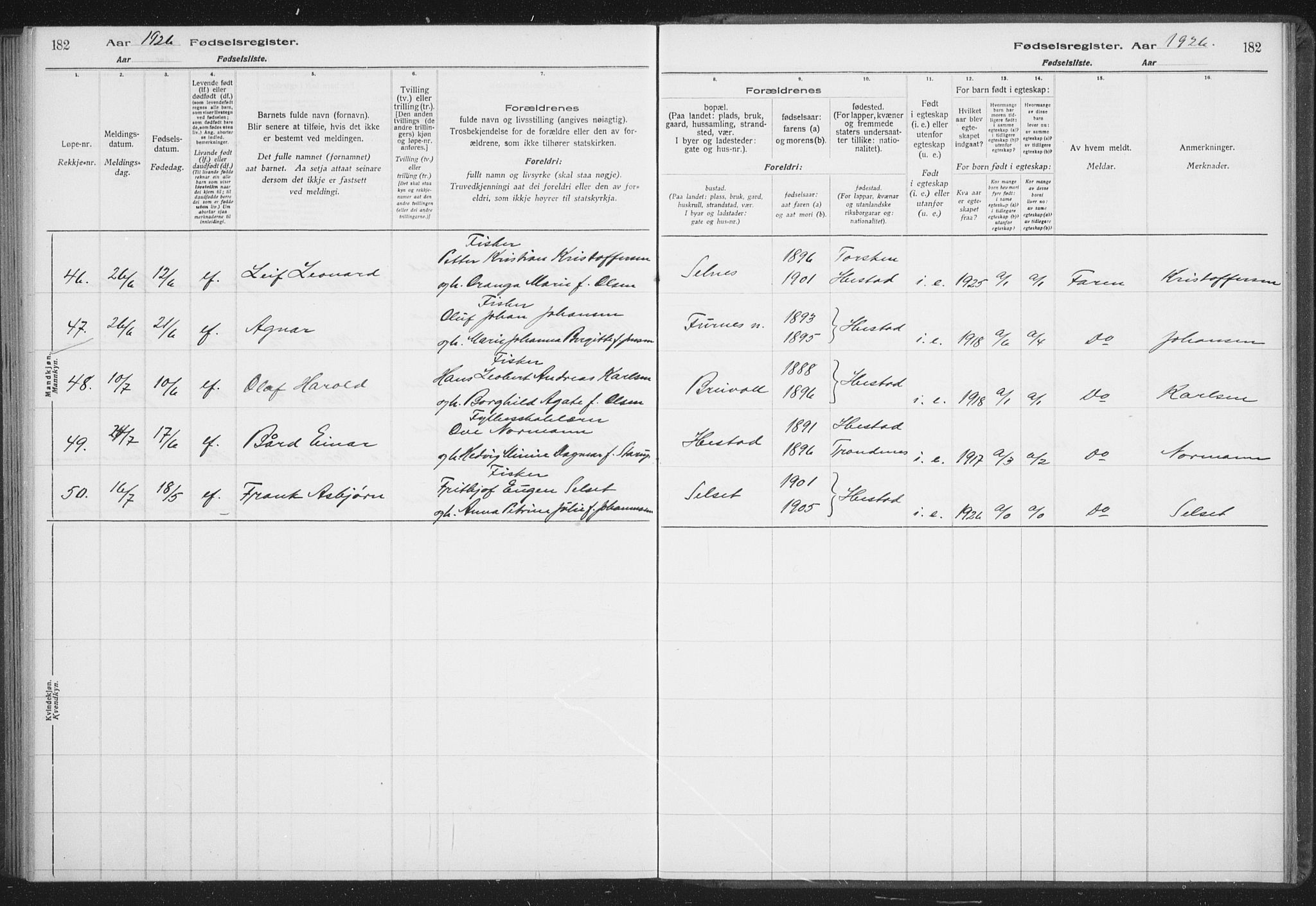 Ibestad sokneprestembete, AV/SATØ-S-0077/I/Ic/L0061: Fødselsregister nr. 61, 1917-1929, s. 182