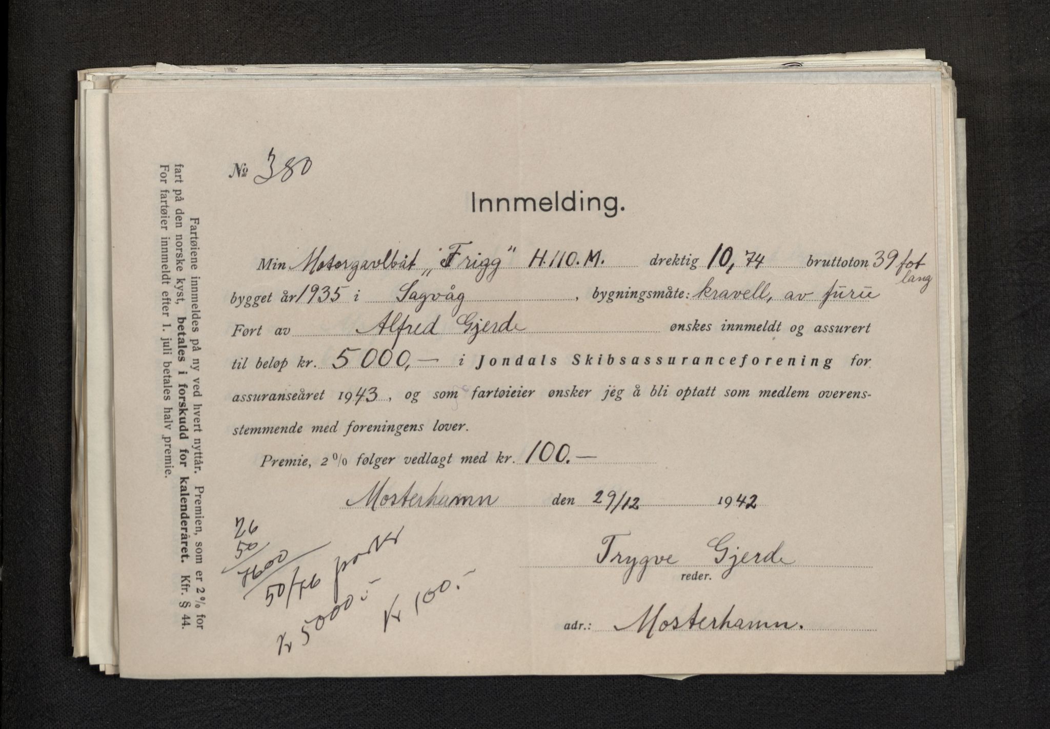 Jondal Skipsassuranseforening, AV/SAB-SAB/PA-0276/E/L0113: Korrespondanse , 1943