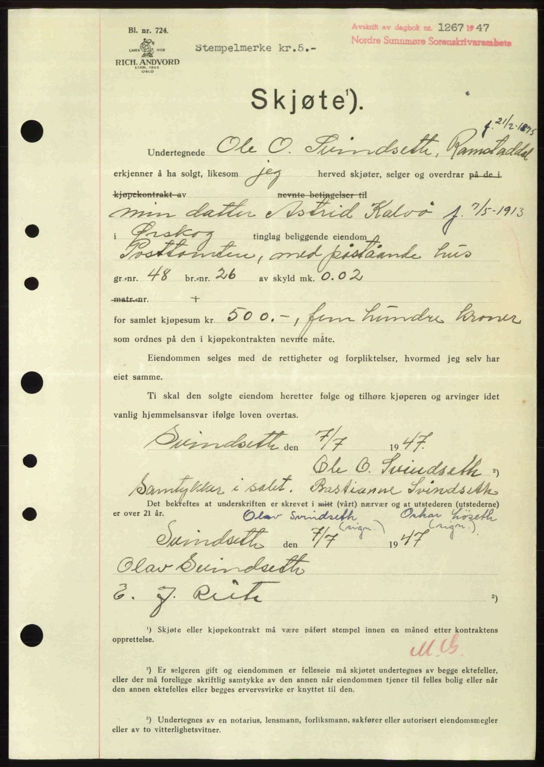 Nordre Sunnmøre sorenskriveri, AV/SAT-A-0006/1/2/2C/2Ca: Pantebok nr. A25, 1947-1947, Dagboknr: 1267/1947