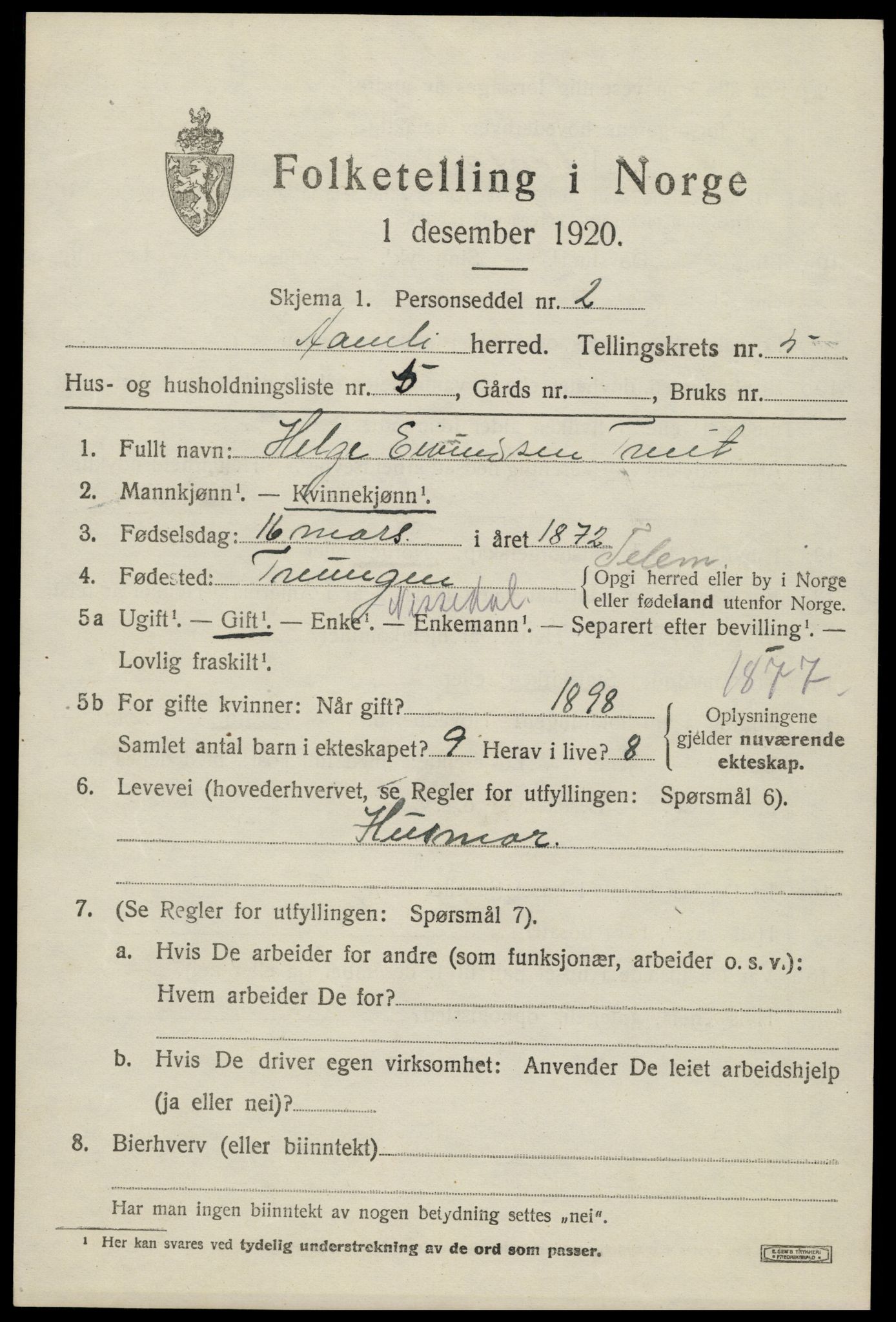 SAK, Folketelling 1920 for 0929 Åmli herred, 1920, s. 2327