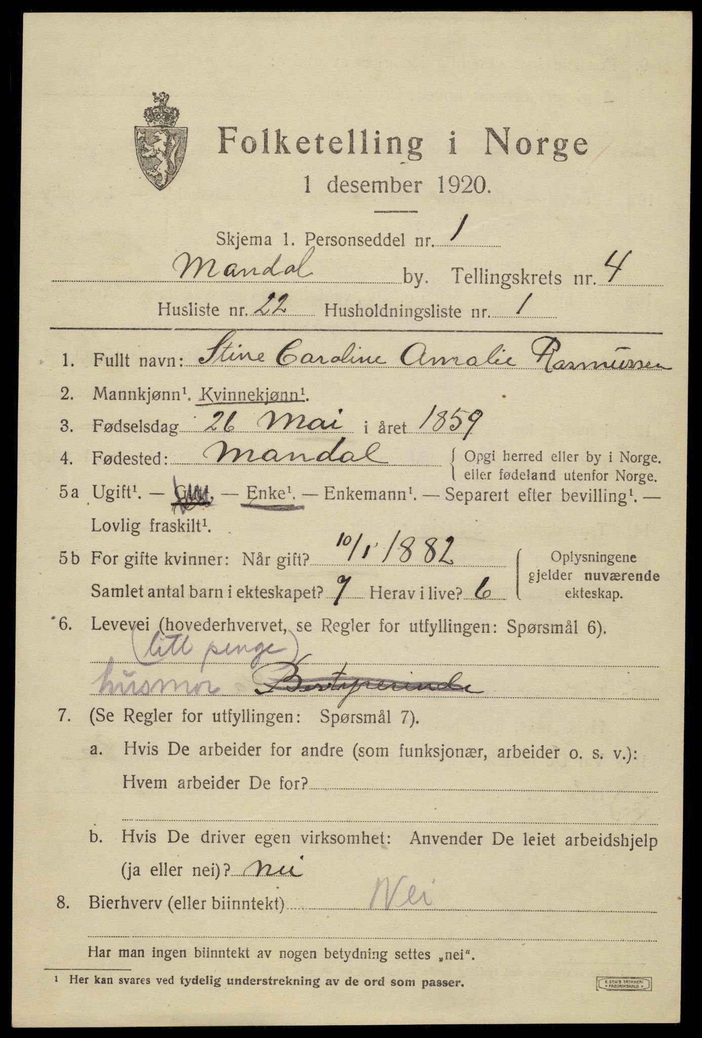 SAK, Folketelling 1920 for 1002 Mandal ladested, 1920, s. 7241