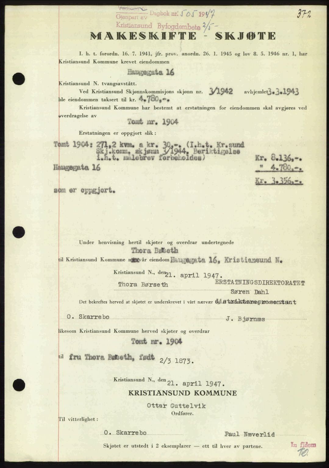 Kristiansund byfogd, AV/SAT-A-4587/A/27: Pantebok nr. 39b, 1946-1947, Dagboknr: 505/1947
