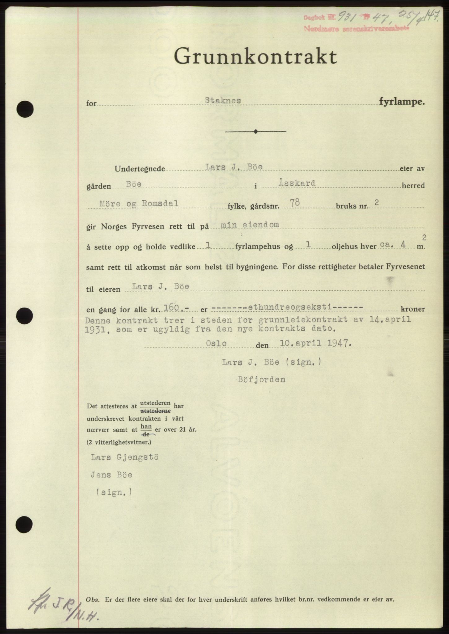 Nordmøre sorenskriveri, SAT/A-4132/1/2/2Ca: Pantebok nr. B96, 1947-1947, Dagboknr: 931/1947