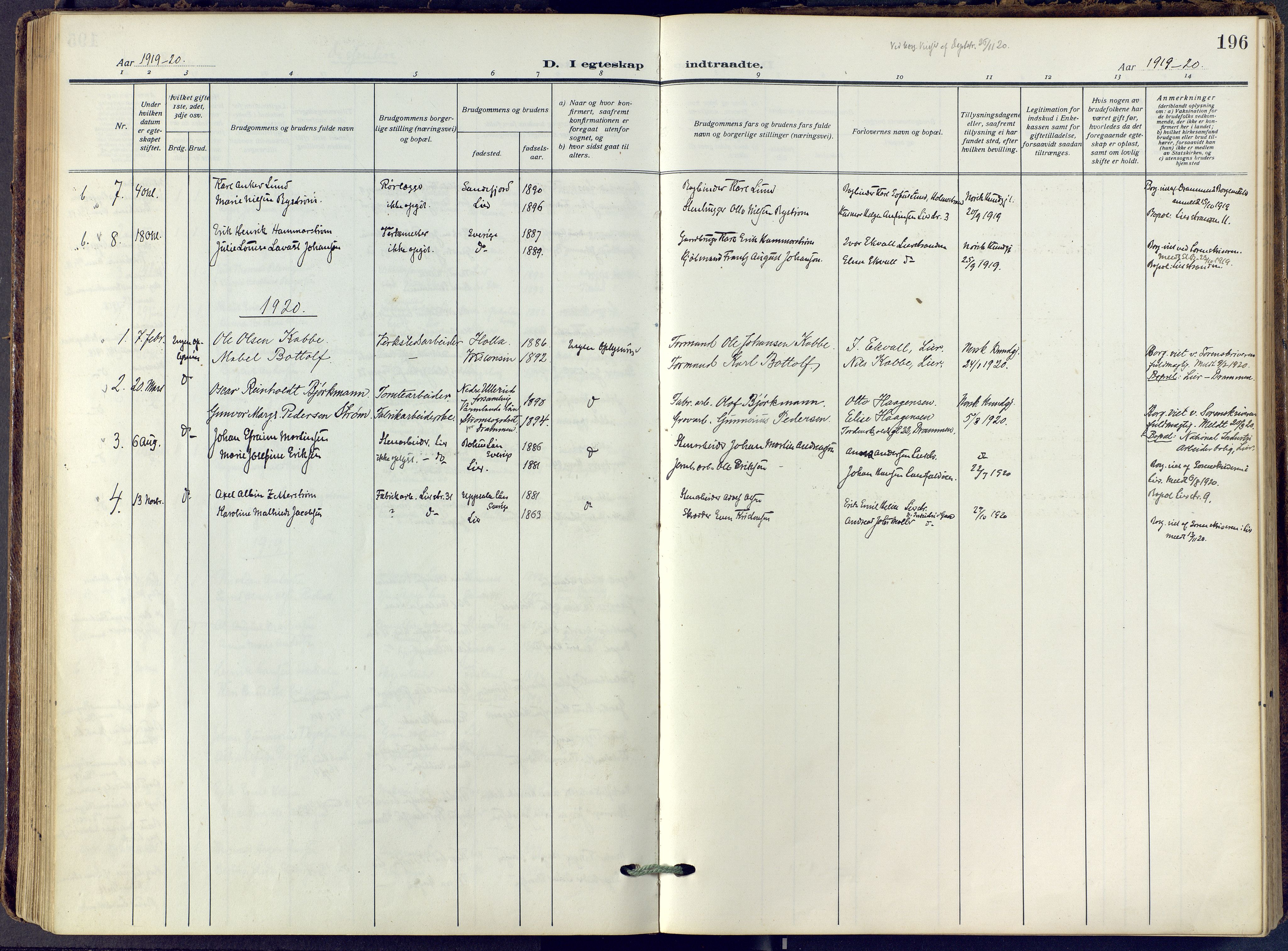 Lier kirkebøker, SAKO/A-230/F/Fa/L0019: Ministerialbok nr. I 19, 1918-1928, s. 196