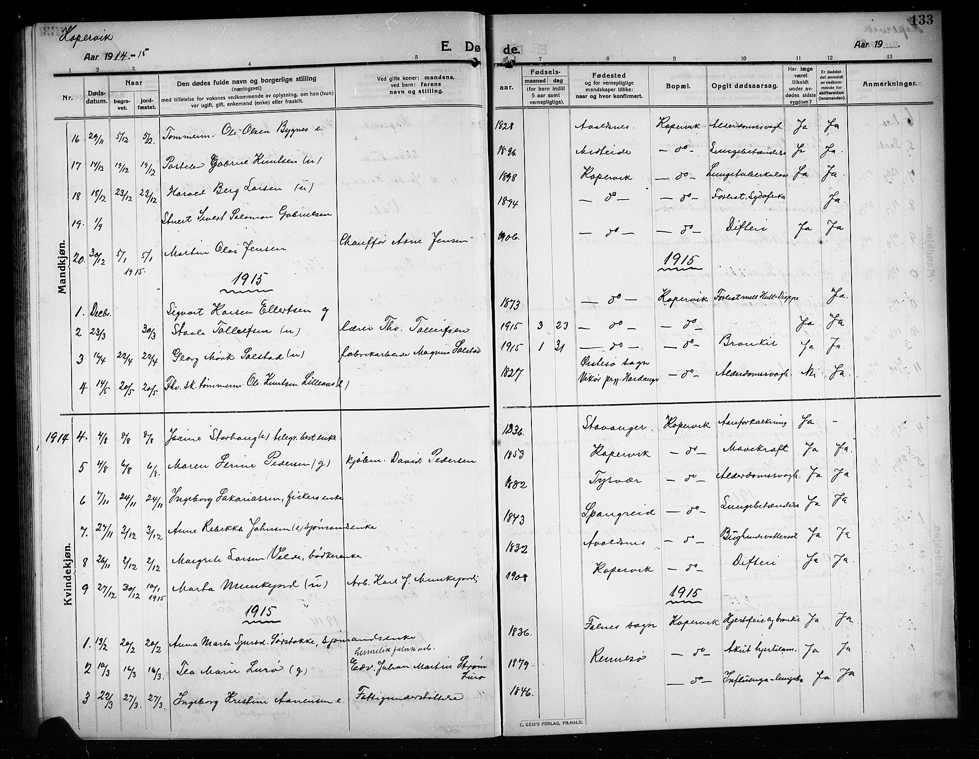 Kopervik sokneprestkontor, SAST/A-101850/H/Ha/Hab/L0005: Klokkerbok nr. B 5, 1909-1918, s. 133