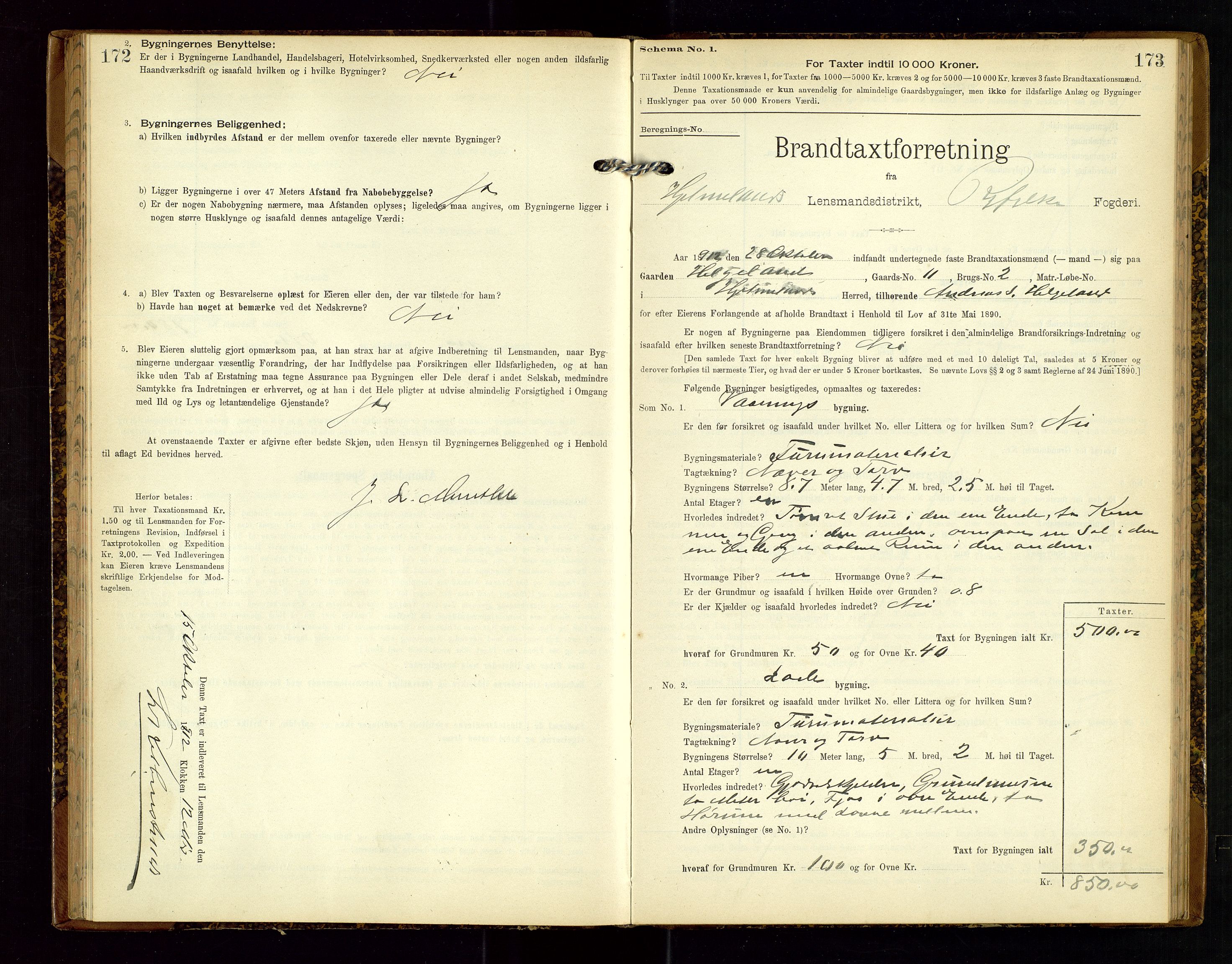 Hjelmeland lensmannskontor, SAST/A-100439/Gob/L0002: "Brandtaxationsprotokol", 1904-1920, s. 172-173