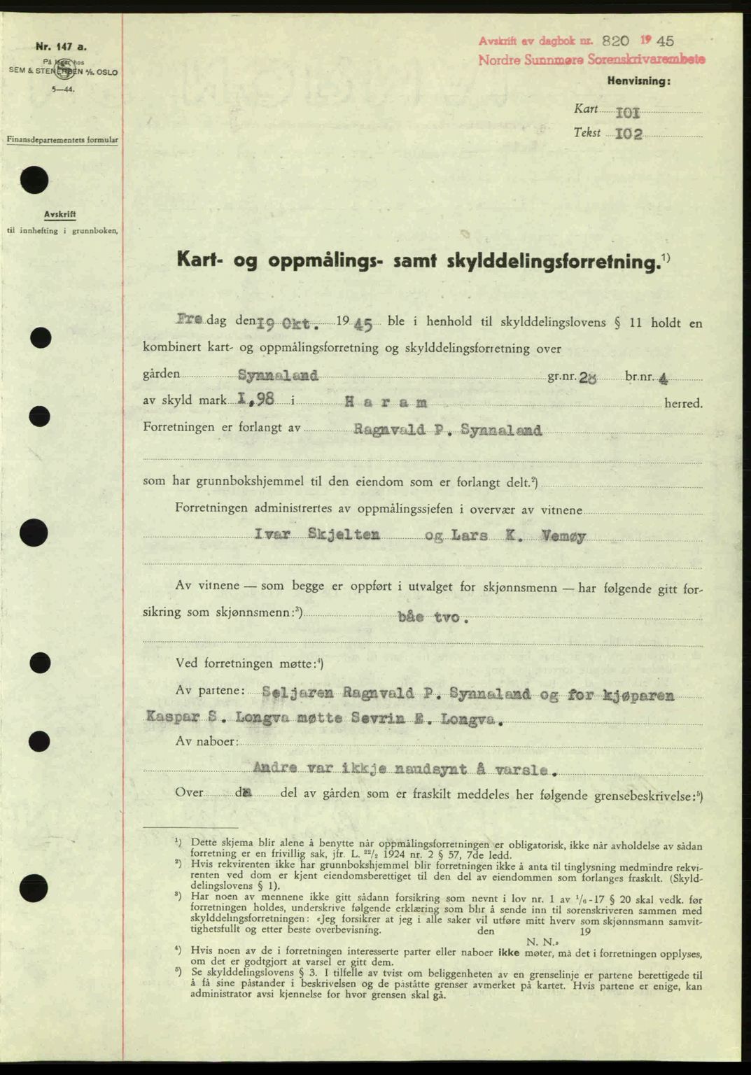 Nordre Sunnmøre sorenskriveri, SAT/A-0006/1/2/2C/2Ca: Pantebok nr. A20a, 1945-1945, Dagboknr: 820/1945