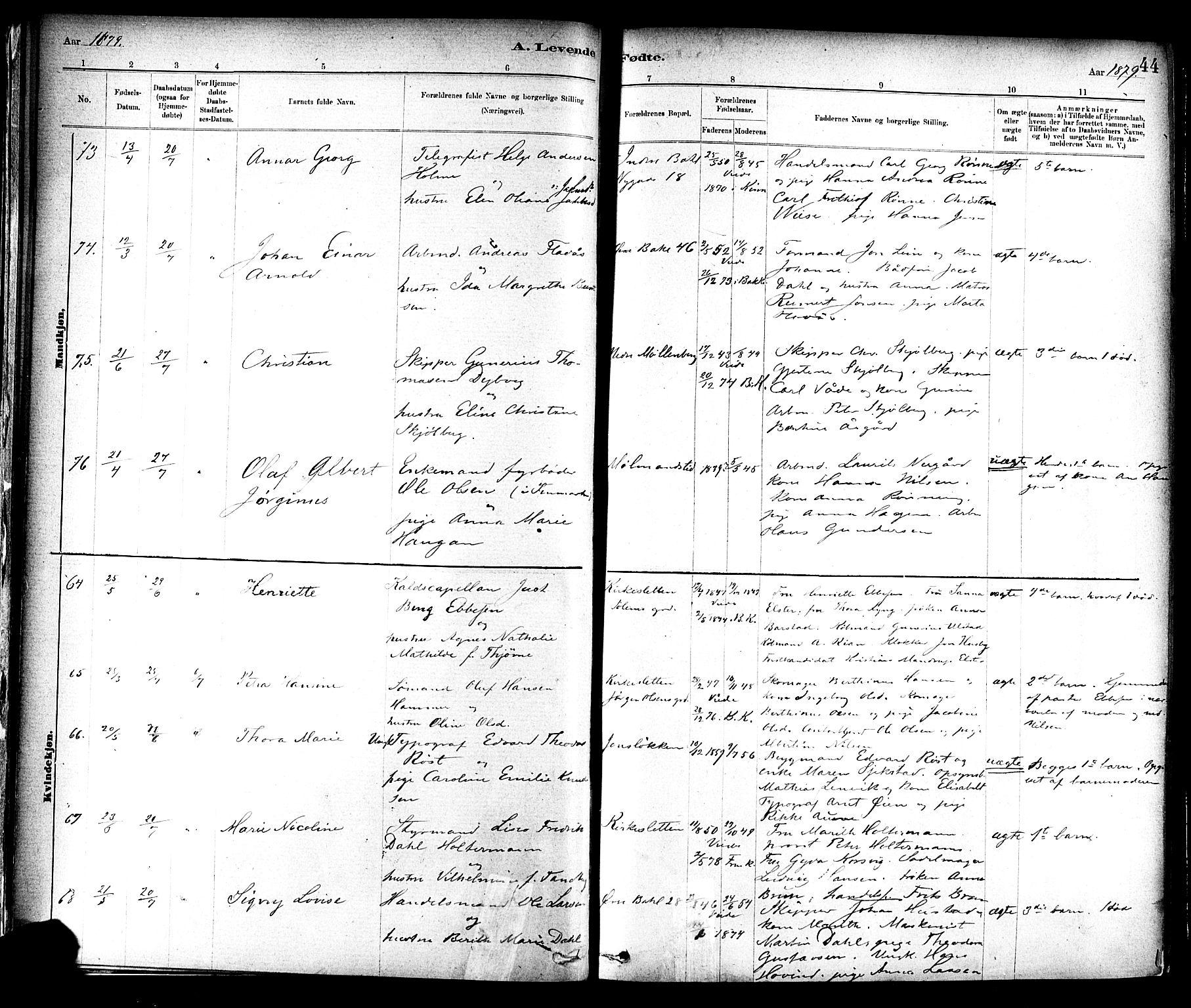 Ministerialprotokoller, klokkerbøker og fødselsregistre - Sør-Trøndelag, SAT/A-1456/604/L0188: Ministerialbok nr. 604A09, 1878-1892, s. 44