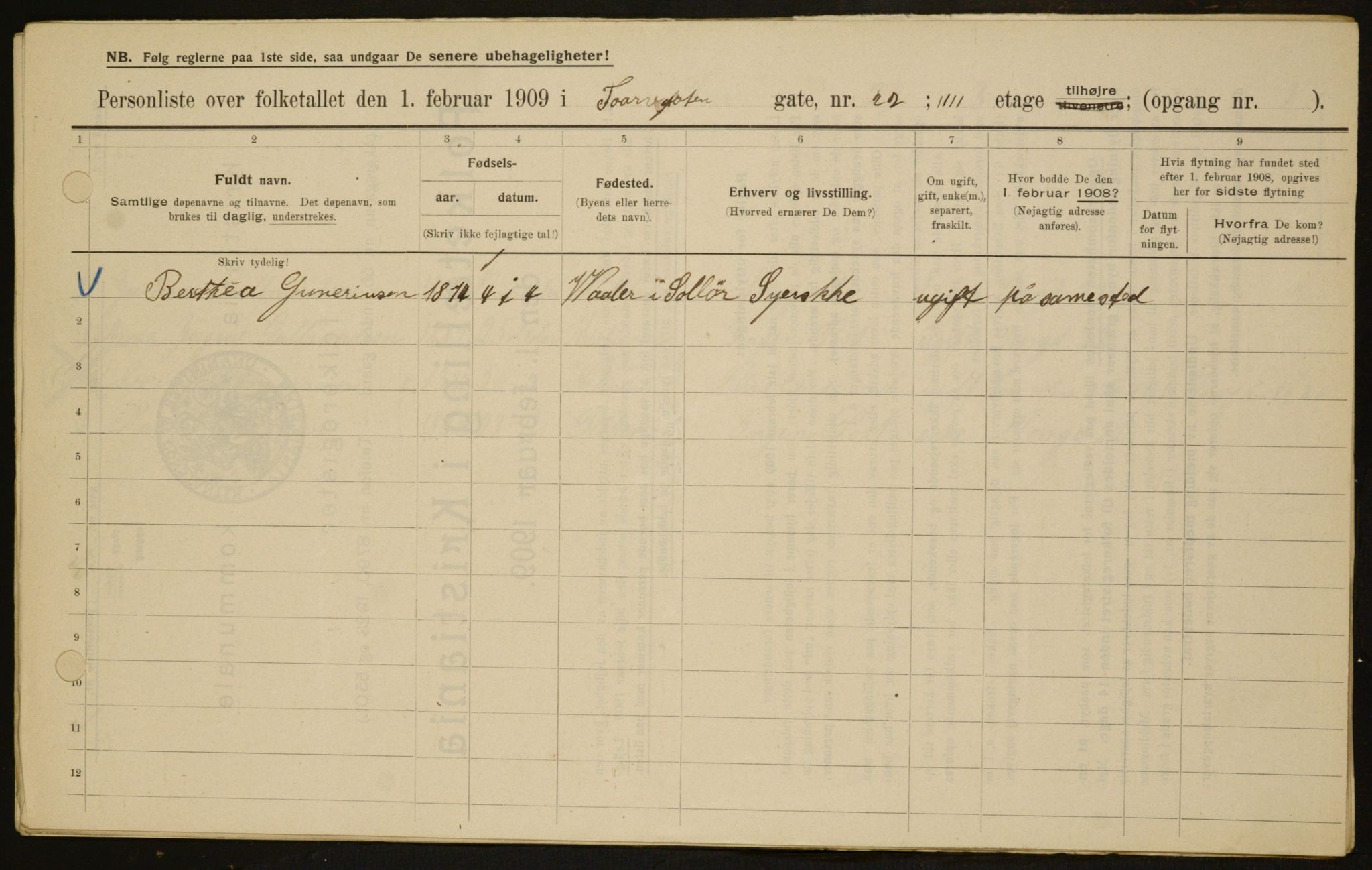 OBA, Kommunal folketelling 1.2.1909 for Kristiania kjøpstad, 1909, s. 103500