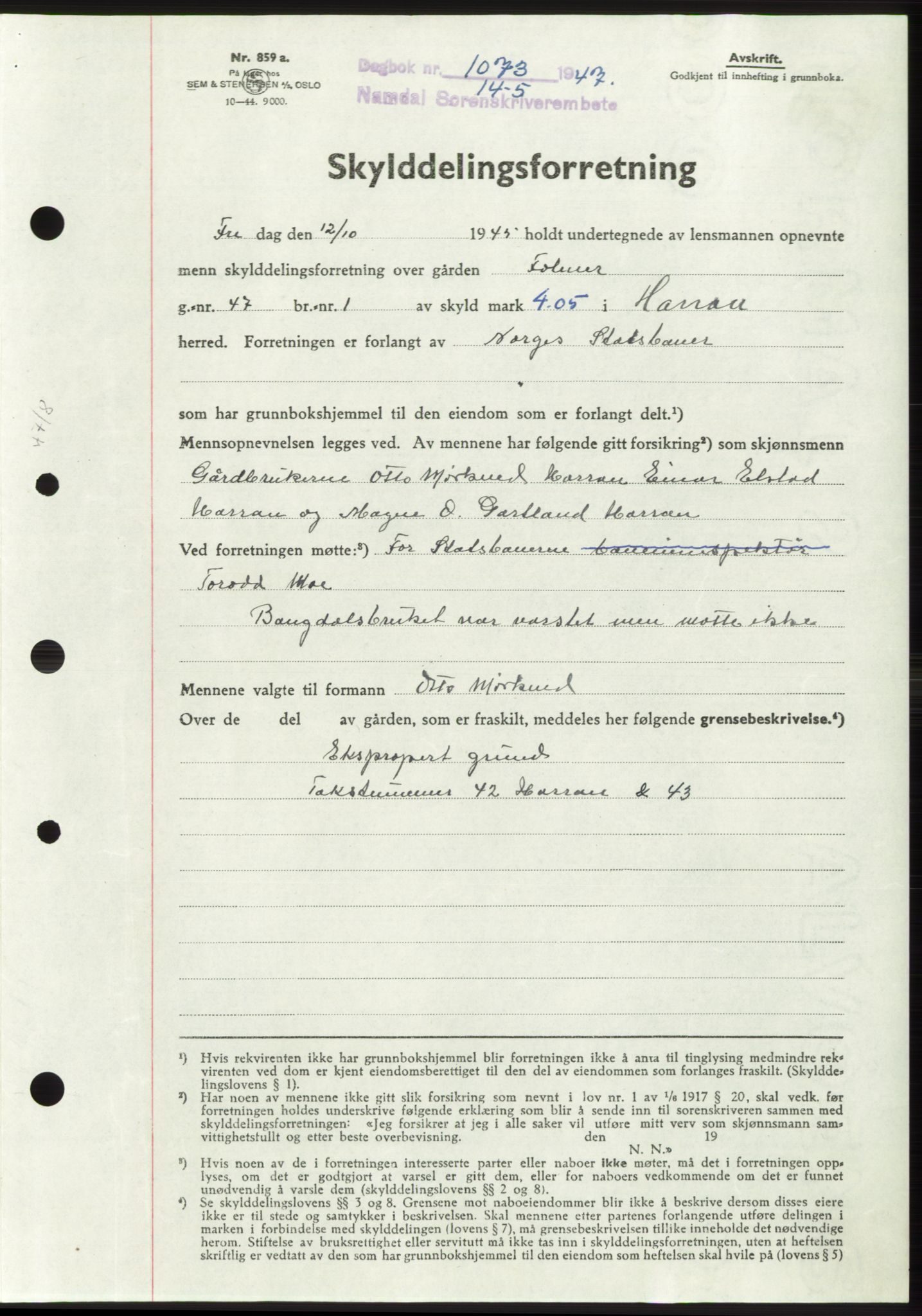 Namdal sorenskriveri, SAT/A-4133/1/2/2C: Pantebok nr. -, 1947-1947, Dagboknr: 1073/1947