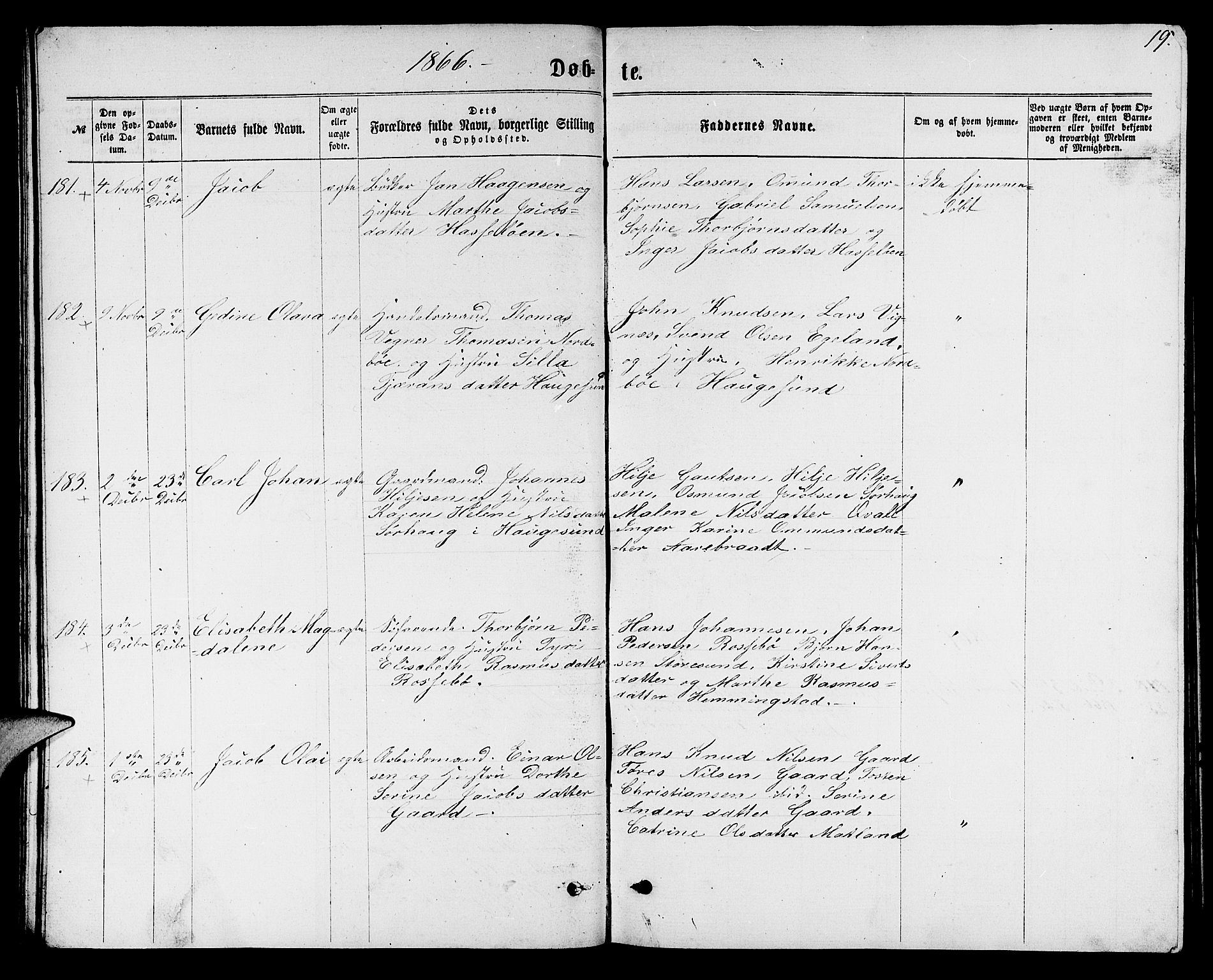 Torvastad sokneprestkontor, AV/SAST-A -101857/H/Ha/Hab/L0007: Klokkerbok nr. B 7, 1866-1873, s. 19