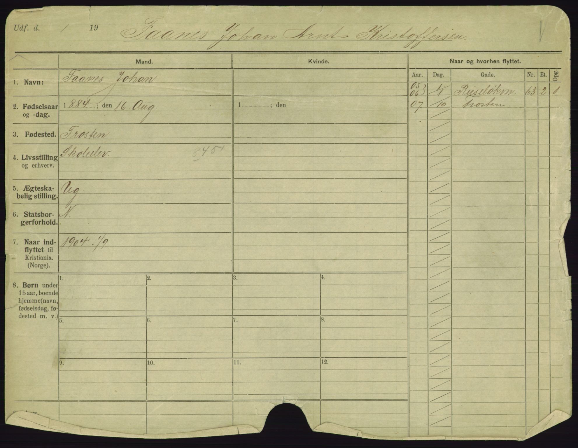 Oslo folkeregister, Registerkort, AV/SAO-A-11715/F/Fa/Fac/L0003: Menn, 1906-1914, s. 1a