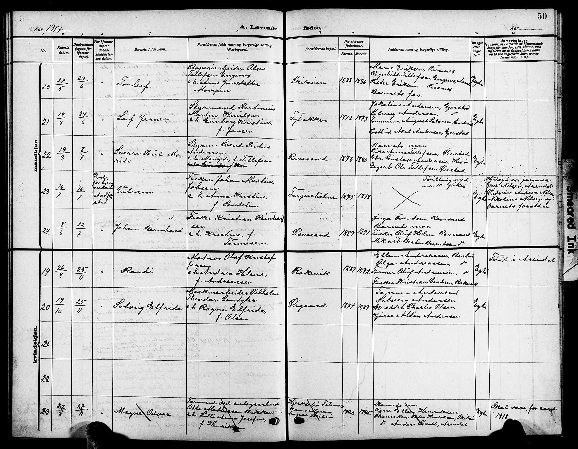 Tromøy sokneprestkontor, AV/SAK-1111-0041/F/Fb/L0007: Klokkerbok nr. B 7, 1908-1925, s. 50