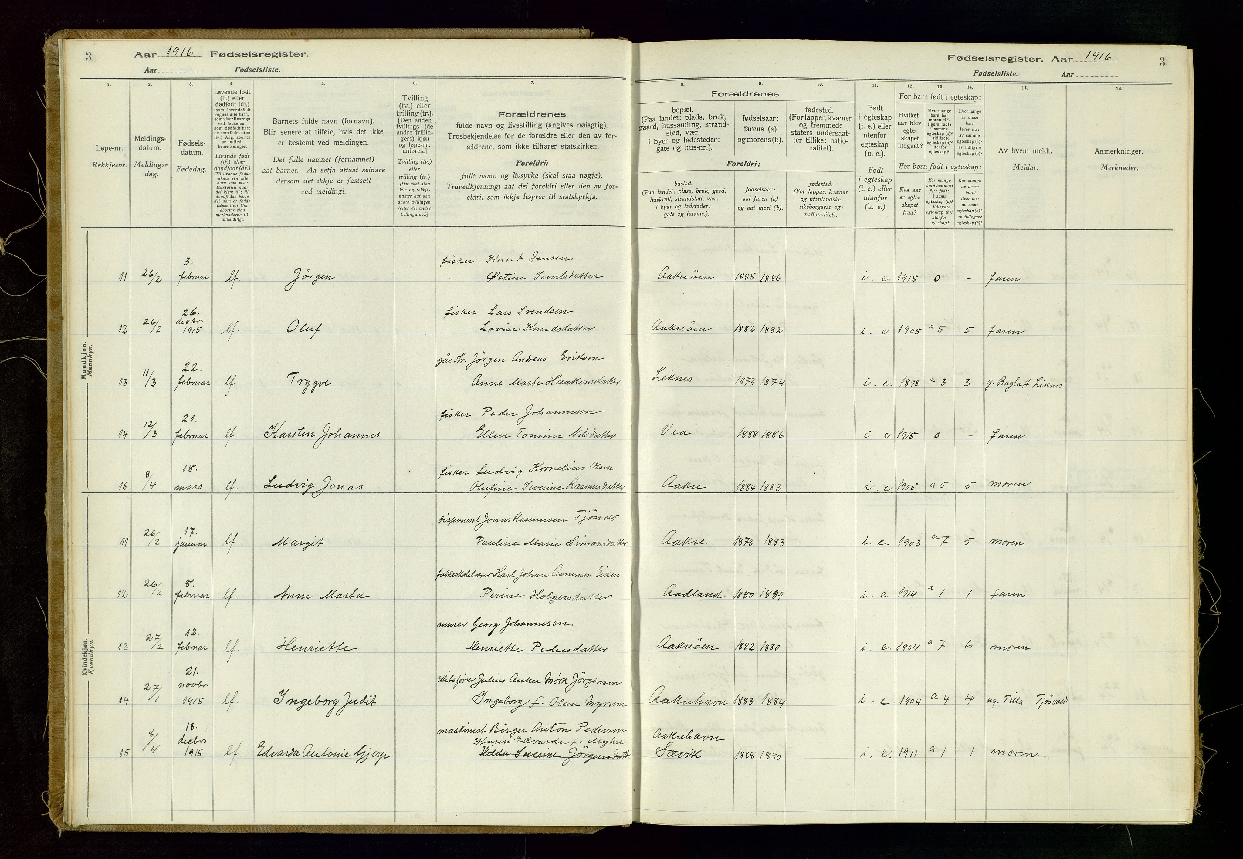 Kopervik sokneprestkontor, SAST/A-101850/I/Id/L0006: Fødselsregister nr. 6, 1916-1934, s. 3