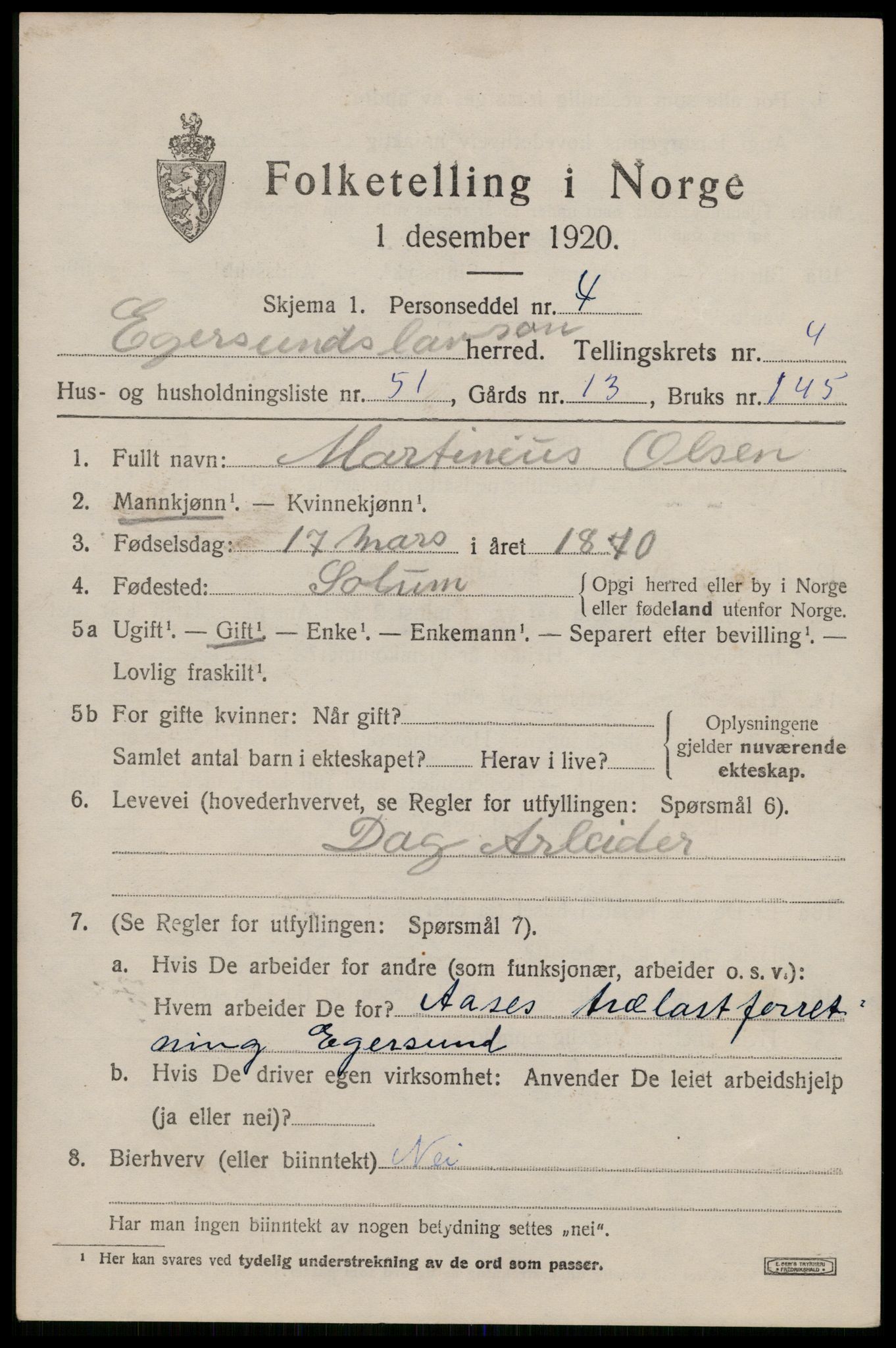 SAST, Folketelling 1920 for 1116 Eigersund herred, 1920, s. 3395