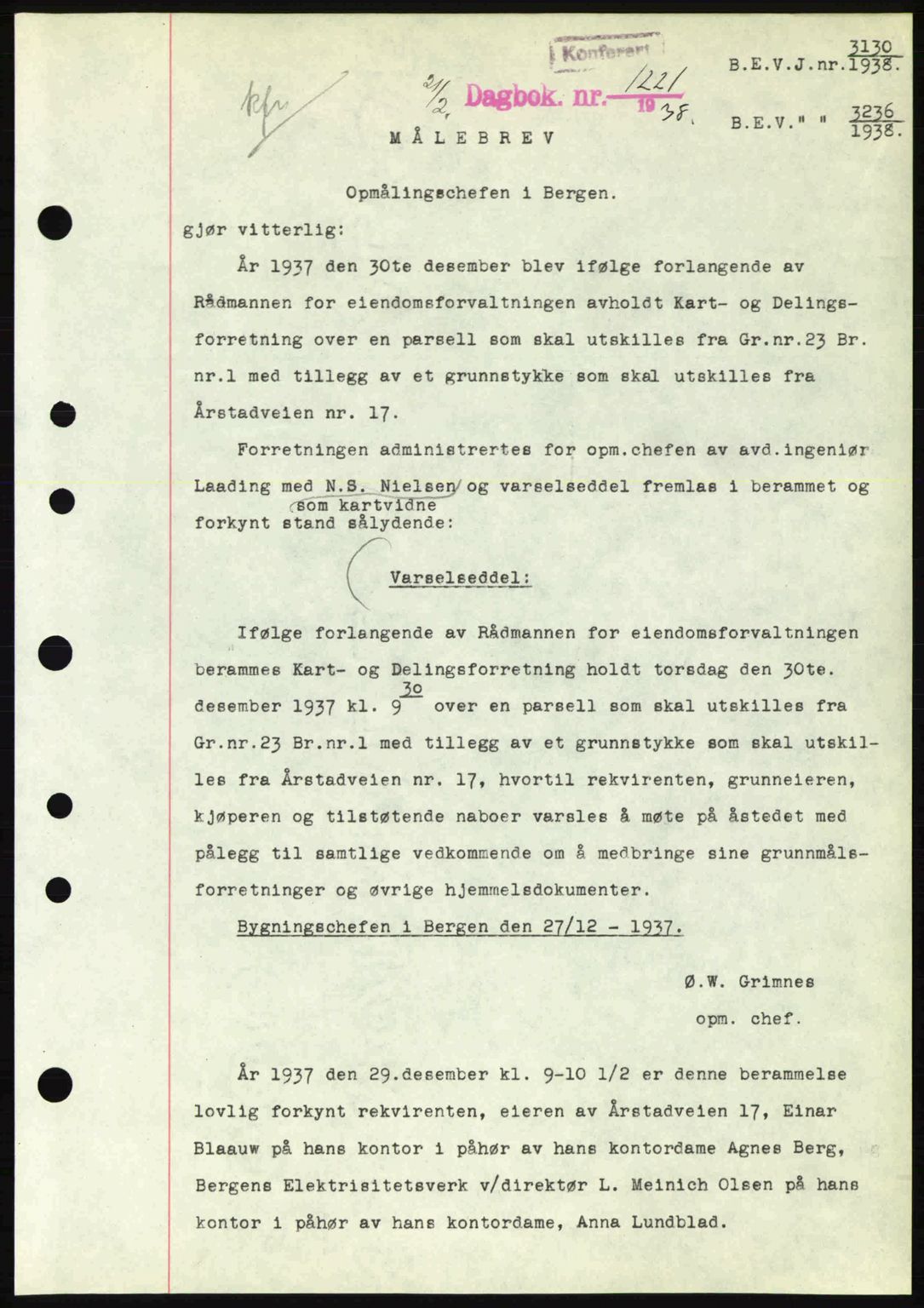 Byfogd og Byskriver i Bergen, SAB/A-3401/03/03Bc/L0006: Pantebok nr. A5, 1937-1938, Dagboknr: 1221/1938