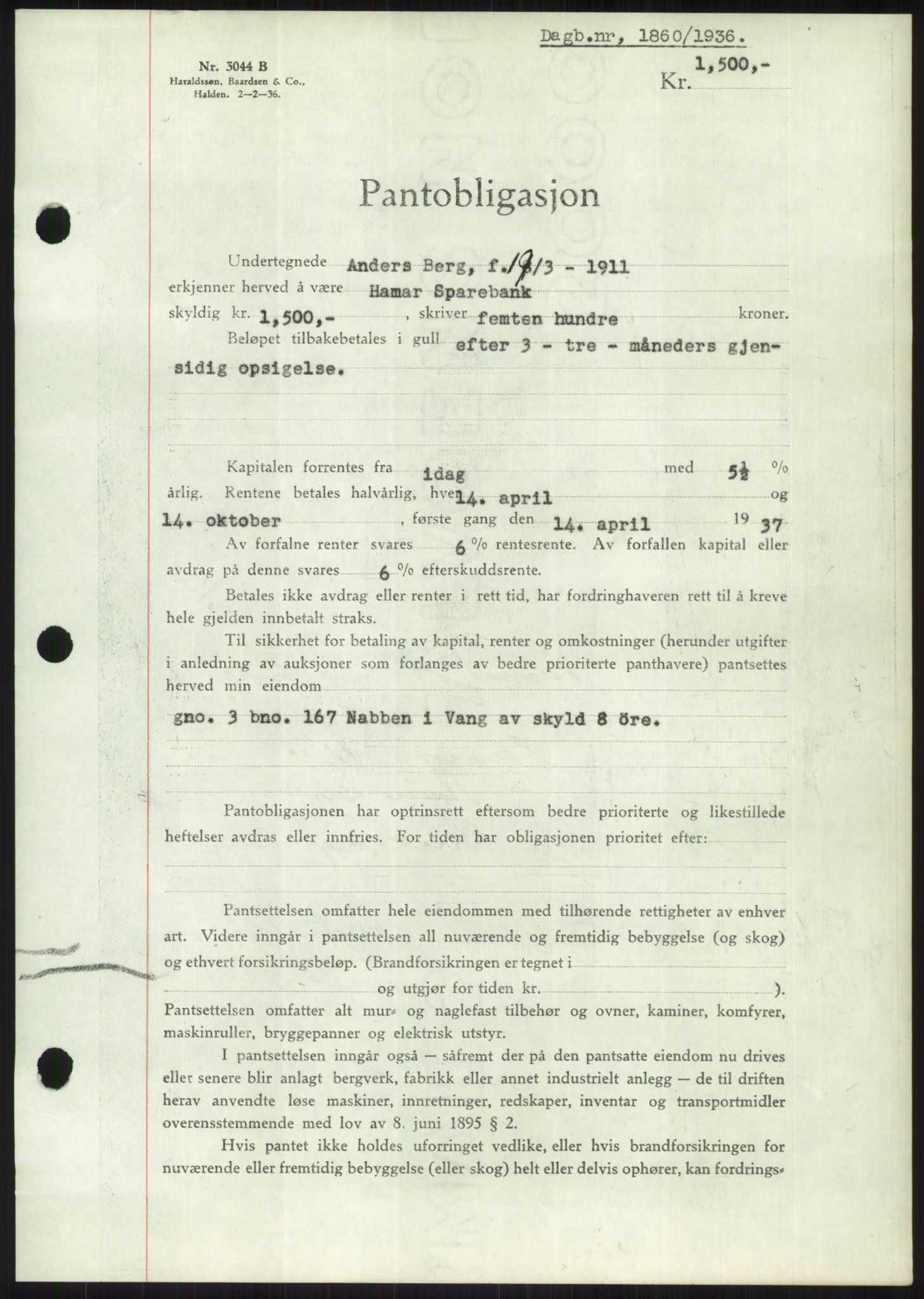 Nord-Hedmark sorenskriveri, SAH/TING-012/H/Hb/Hbf/L0001: Pantebok nr. B1, 1936-1936, Dagboknr: 1860/1936