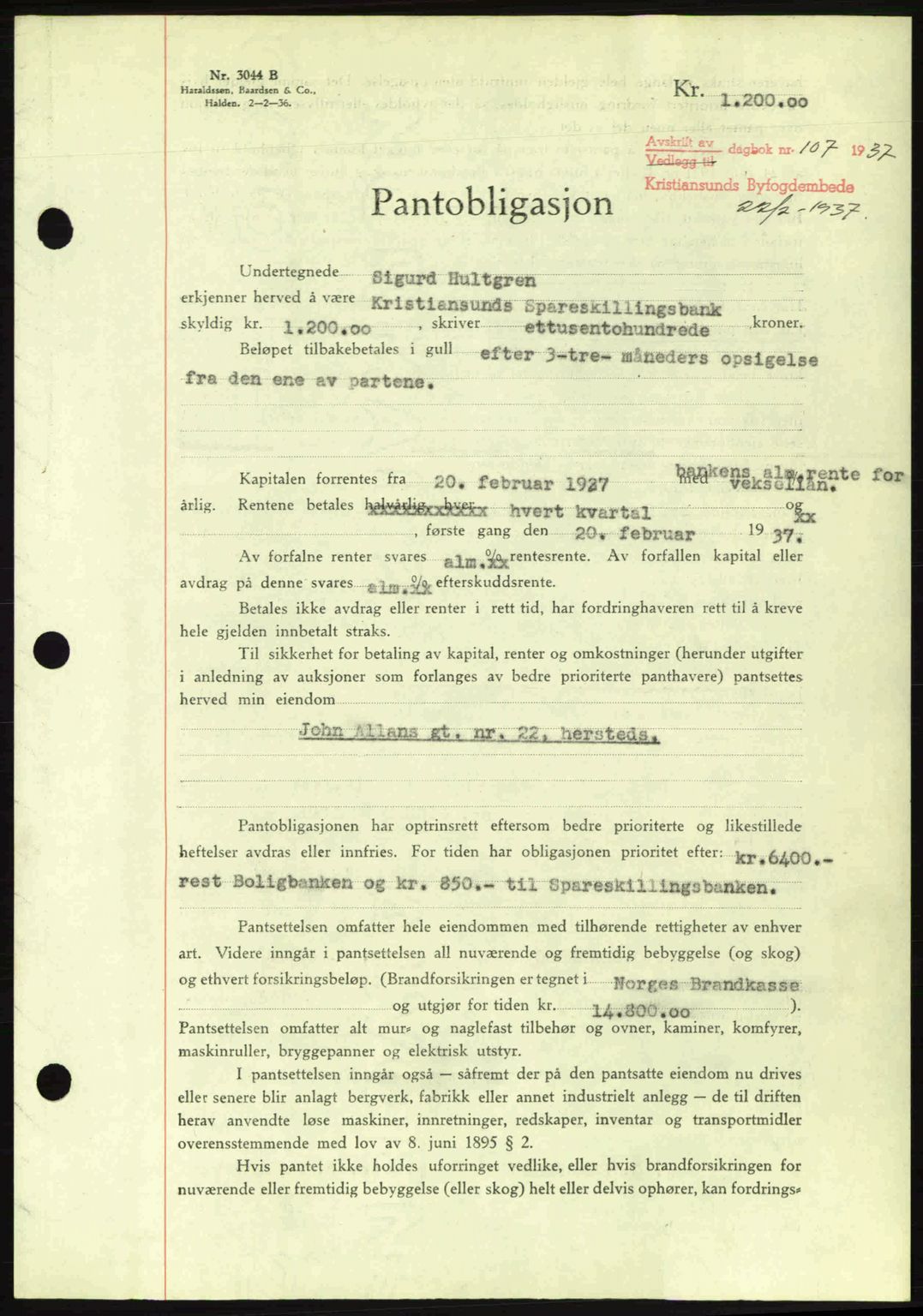 Kristiansund byfogd, SAT/A-4587/A/27: Pantebok nr. 29, 1936-1937, Dagboknr: 107/1937