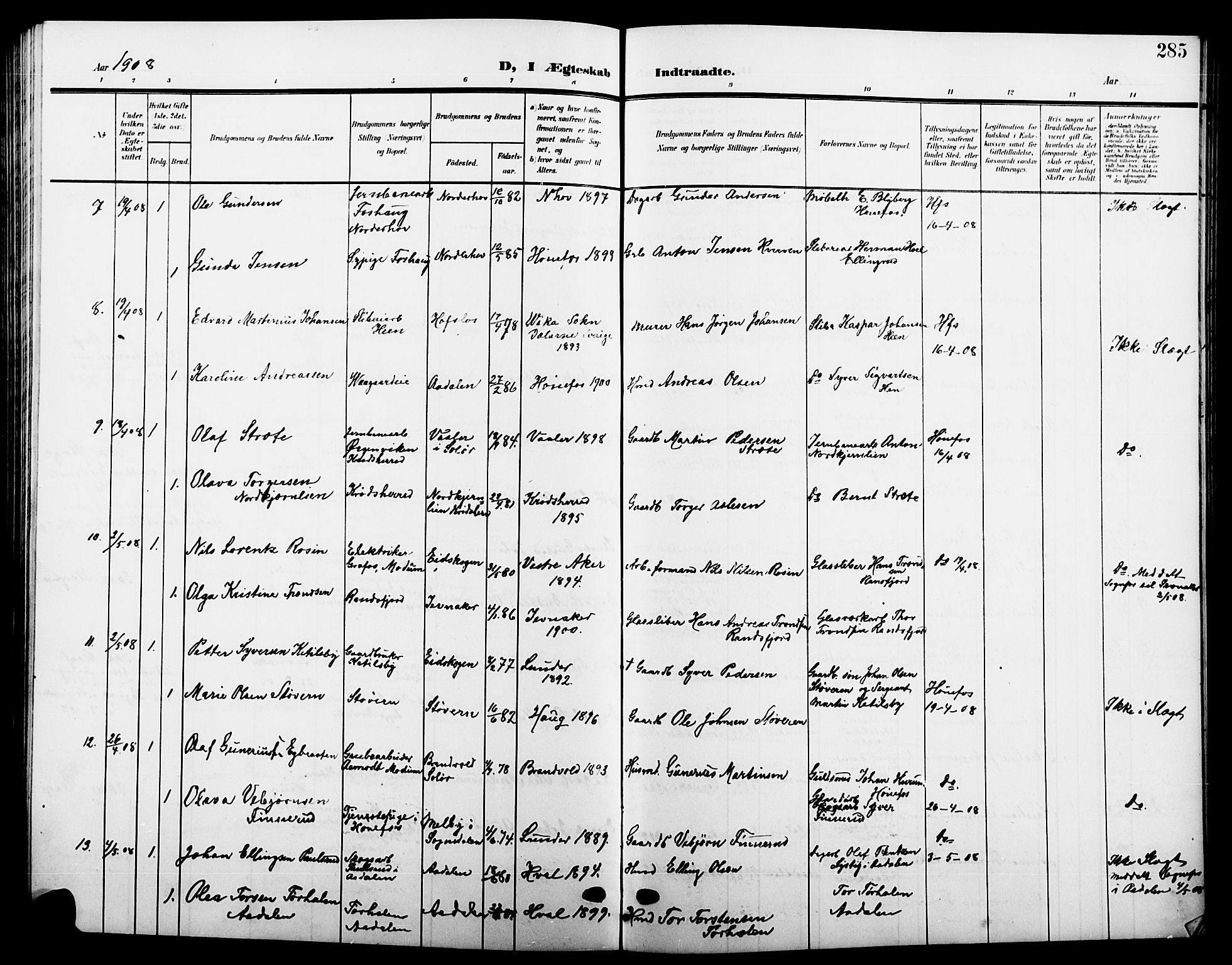 Hønefoss kirkebøker, AV/SAKO-A-609/G/Ga/L0003: Klokkerbok nr. 3, 1905-1925, s. 285