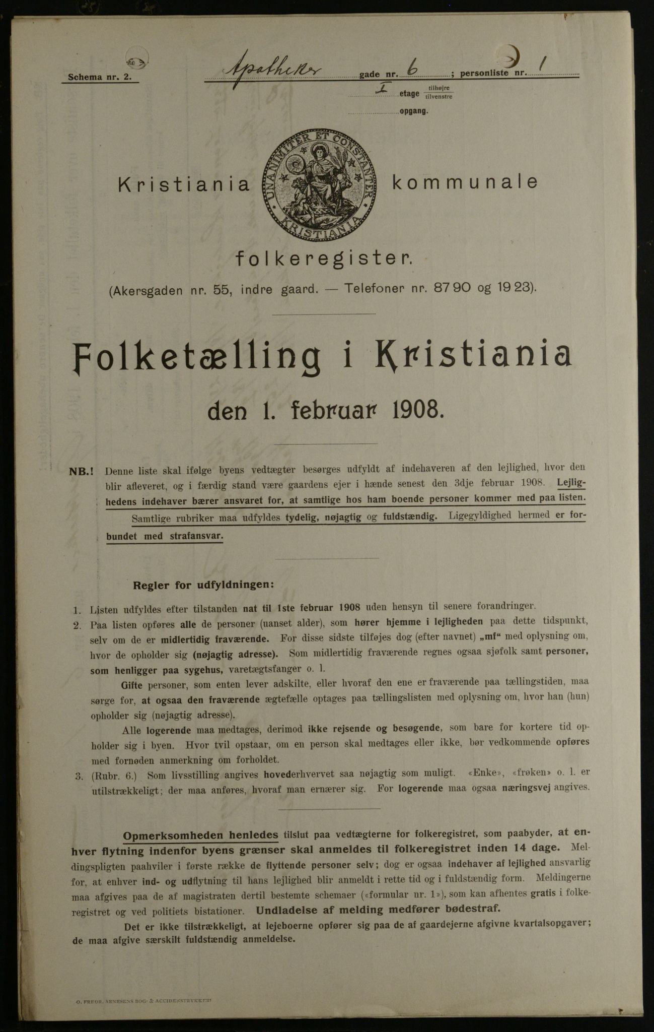 OBA, Kommunal folketelling 1.2.1908 for Kristiania kjøpstad, 1908, s. 1596