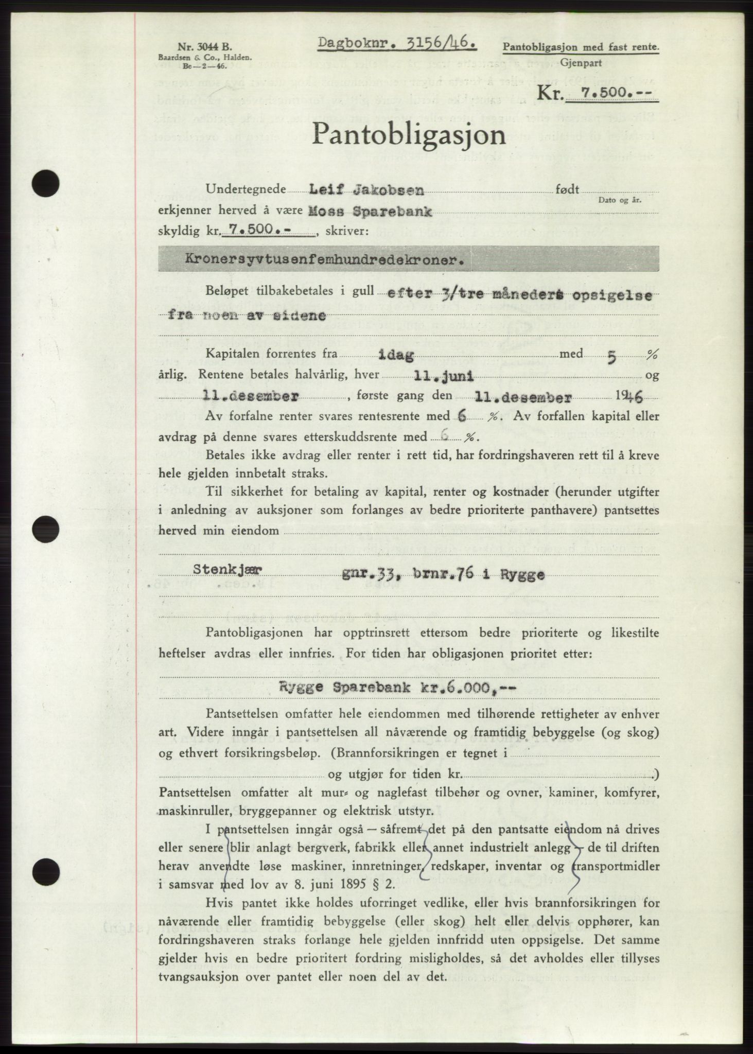 Moss sorenskriveri, SAO/A-10168: Pantebok nr. B16, 1946-1947, Dagboknr: 3156/1946