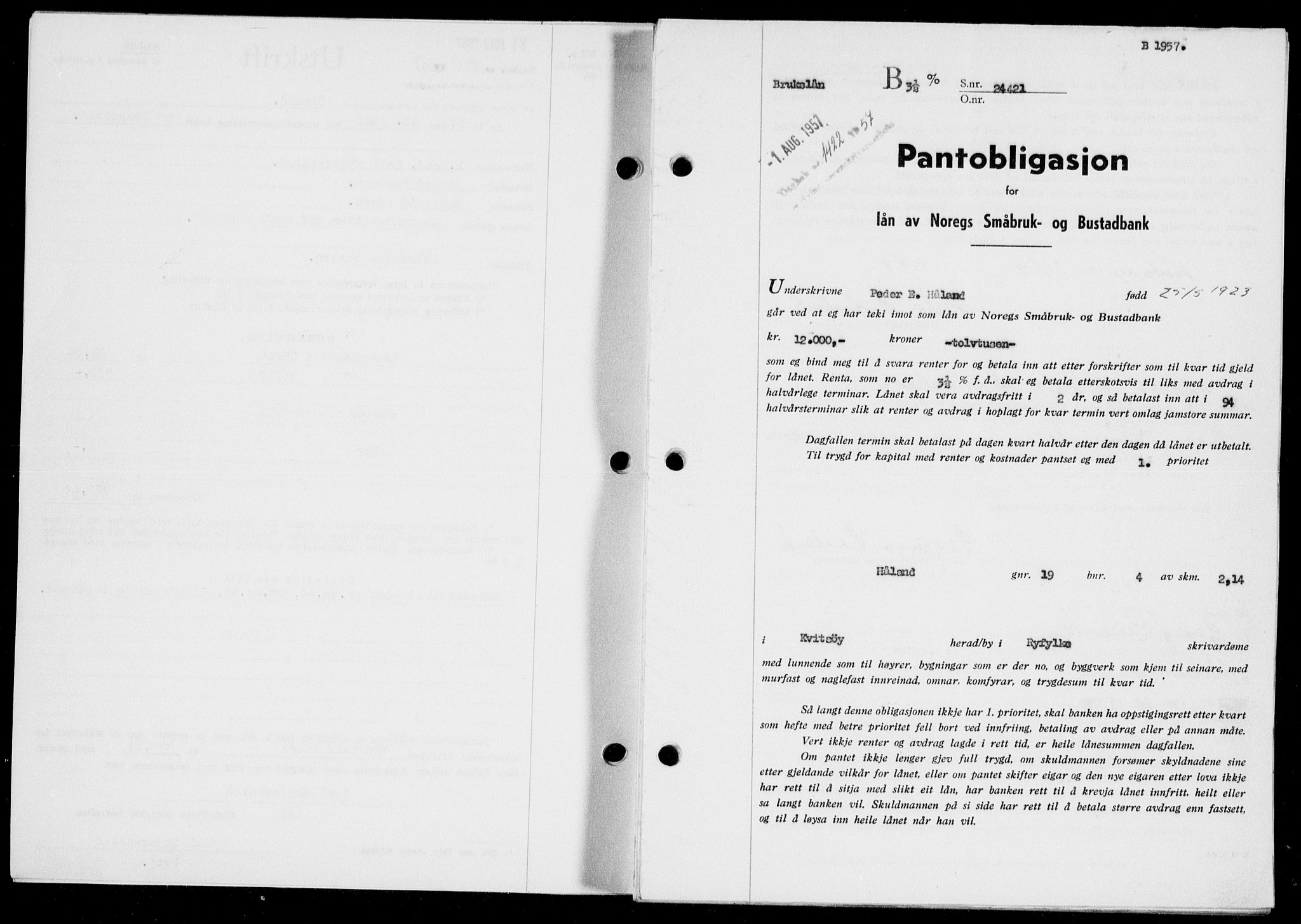 Ryfylke tingrett, SAST/A-100055/001/II/IIB/L0138: Pantebok nr. 117, 1957-1957, Dagboknr: 1422/1957