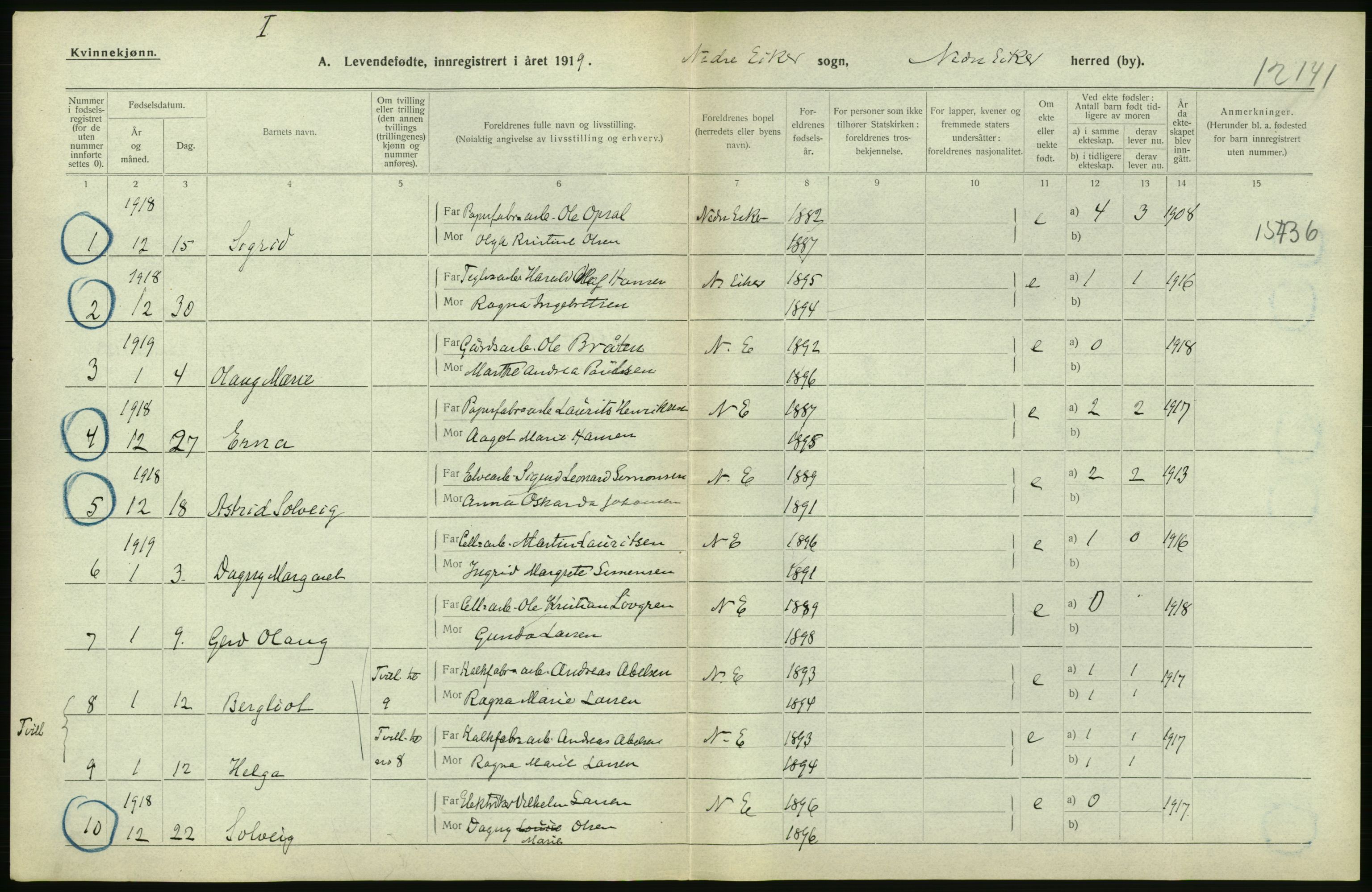 Statistisk sentralbyrå, Sosiodemografiske emner, Befolkning, AV/RA-S-2228/D/Df/Dfb/Dfbi/L0016: Buskerud fylke: Levendefødte menn og kvinner. Bygder., 1919, s. 110