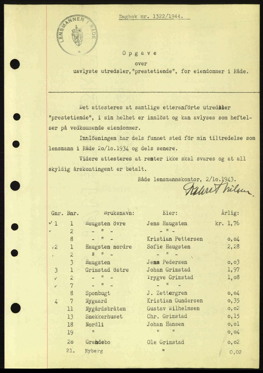 Moss sorenskriveri, SAO/A-10168: Pantebok nr. B13, 1943-1945, Dagboknr: 1322/1944