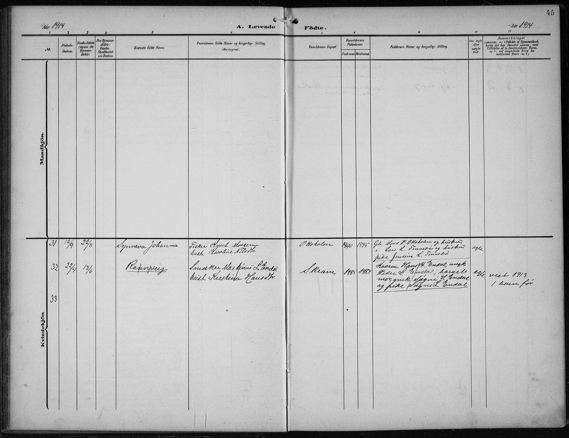Vågsøy sokneprestembete, AV/SAB-A-81601/H/Hab: Klokkerbok nr. B 1, 1906-1934, s. 45
