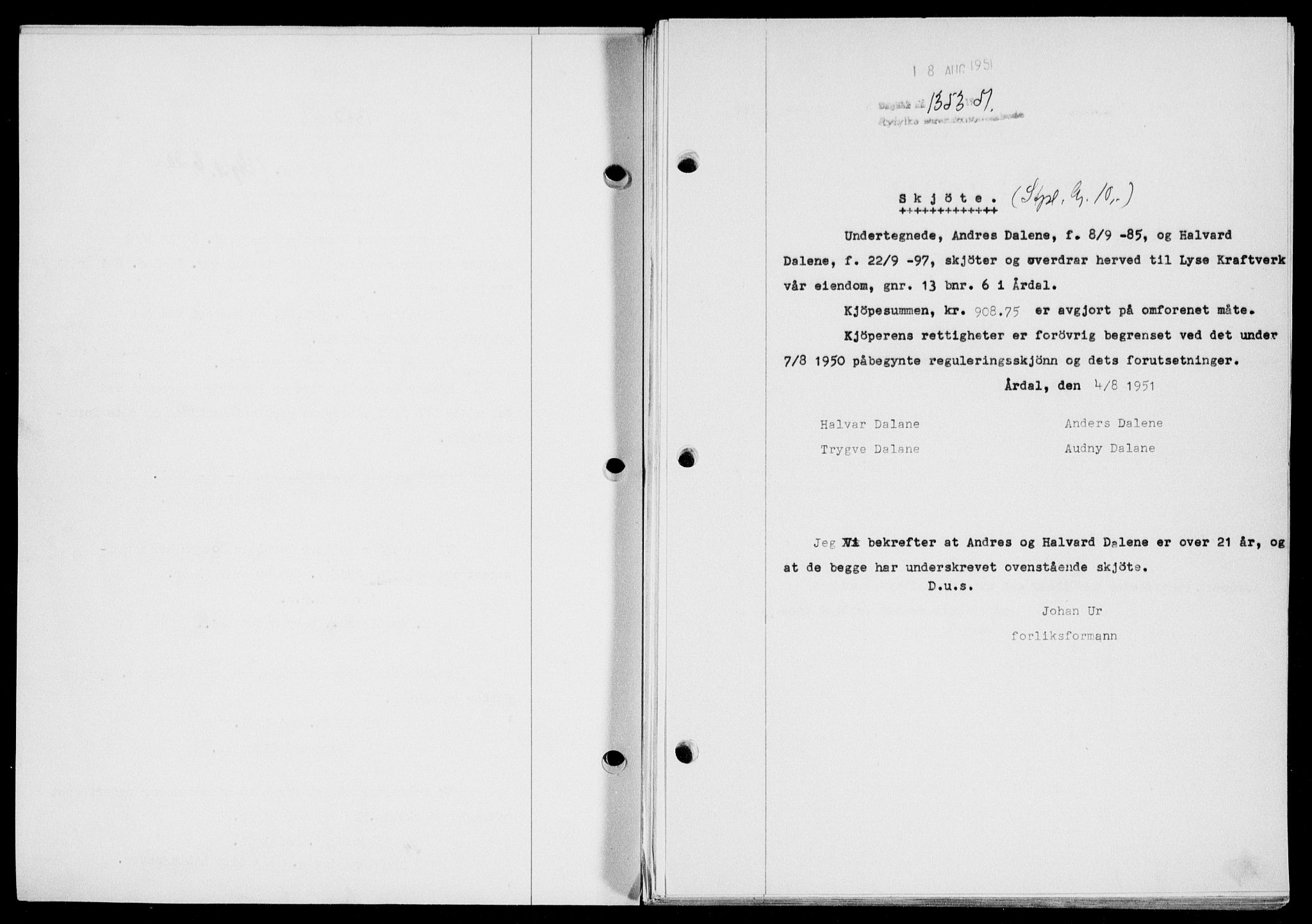 Ryfylke tingrett, SAST/A-100055/001/II/IIB/L0114: Pantebok nr. 93, 1951-1951, Dagboknr: 1353/1951