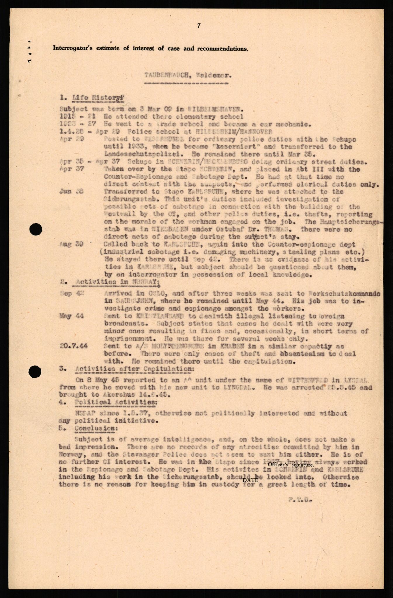 Forsvaret, Forsvarets overkommando II, AV/RA-RAFA-3915/D/Db/L0033: CI Questionaires. Tyske okkupasjonsstyrker i Norge. Tyskere., 1945-1946, s. 411