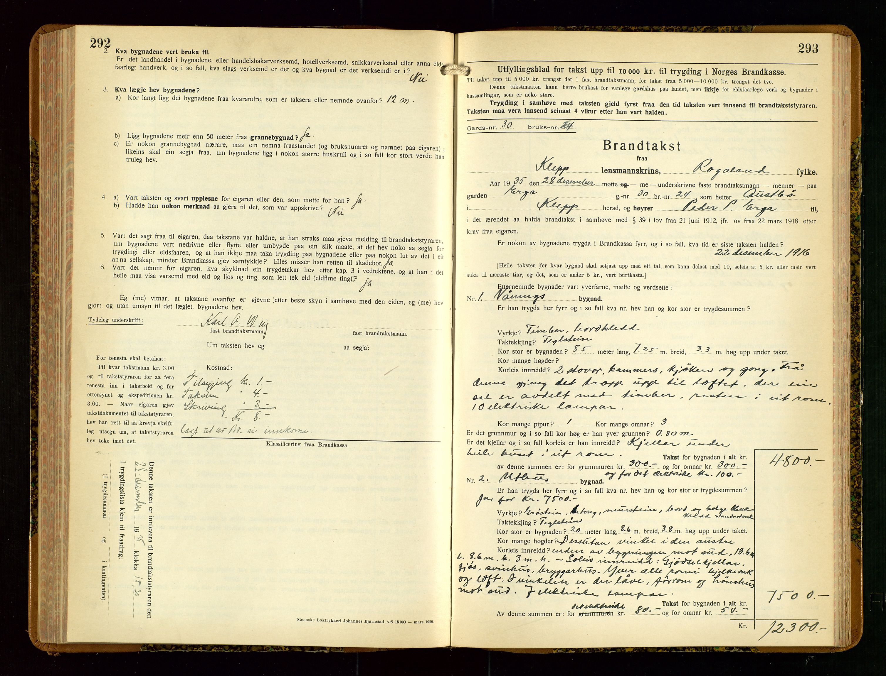 Klepp lensmannskontor, SAST/A-100163/Goc/L0013: "Brandtakstbok" m/register, 1933-1937, s. 292-293