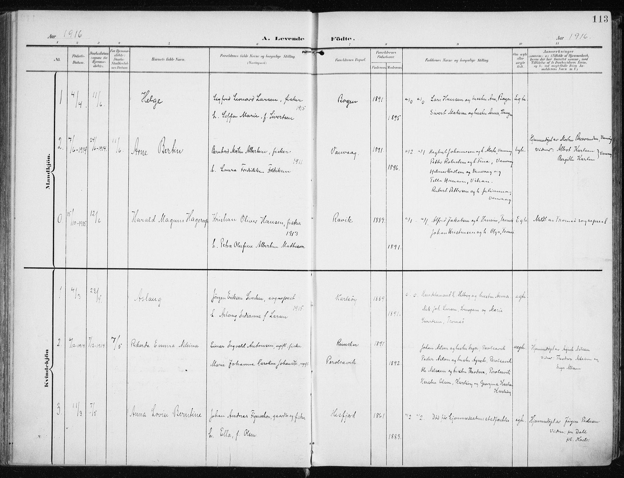 Karlsøy sokneprestembete, AV/SATØ-S-1299/H/Ha/Haa/L0014kirke: Ministerialbok nr. 14, 1903-1917, s. 113