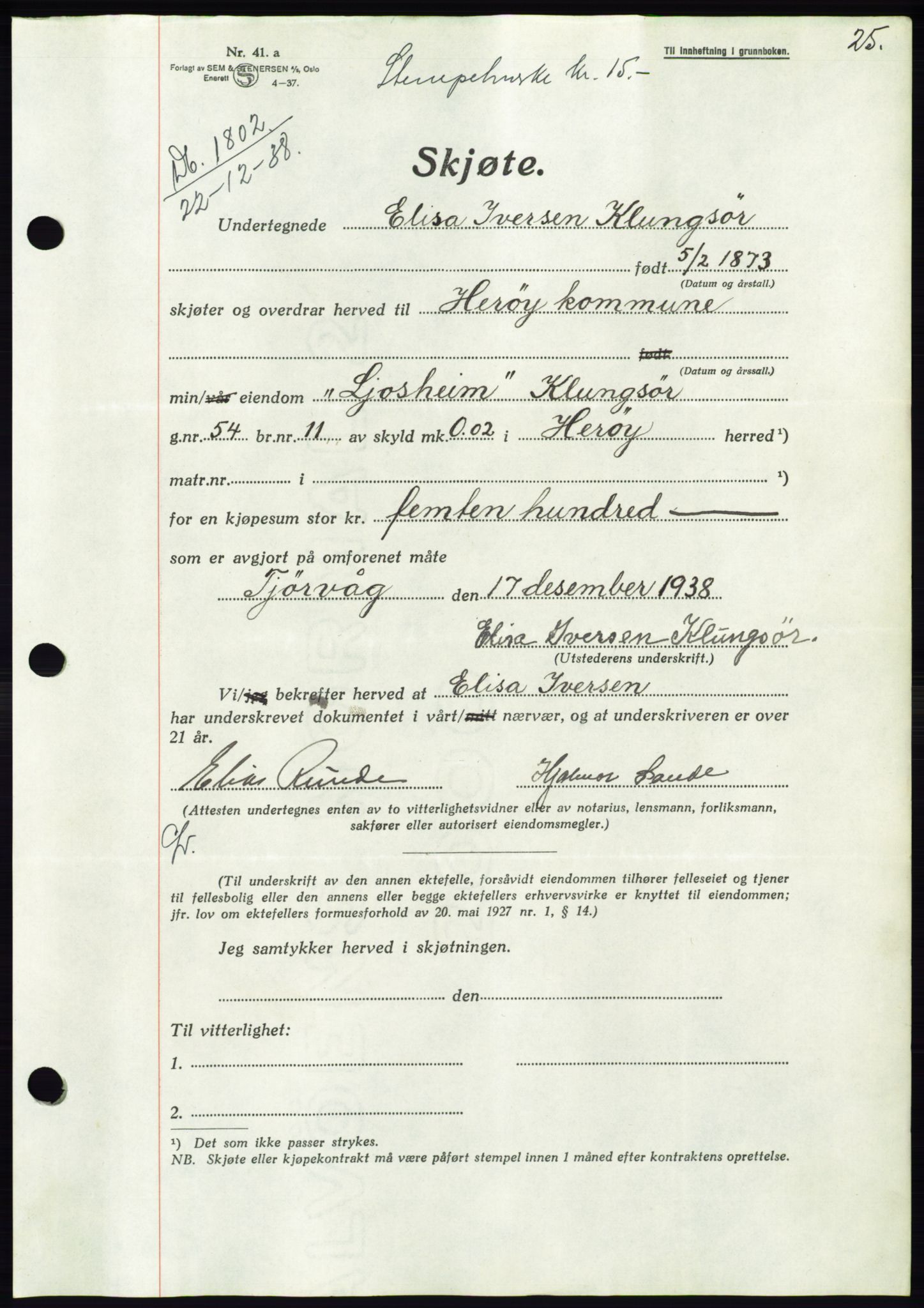 Søre Sunnmøre sorenskriveri, AV/SAT-A-4122/1/2/2C/L0067: Pantebok nr. 61, 1938-1939, Dagboknr: 1802/1938