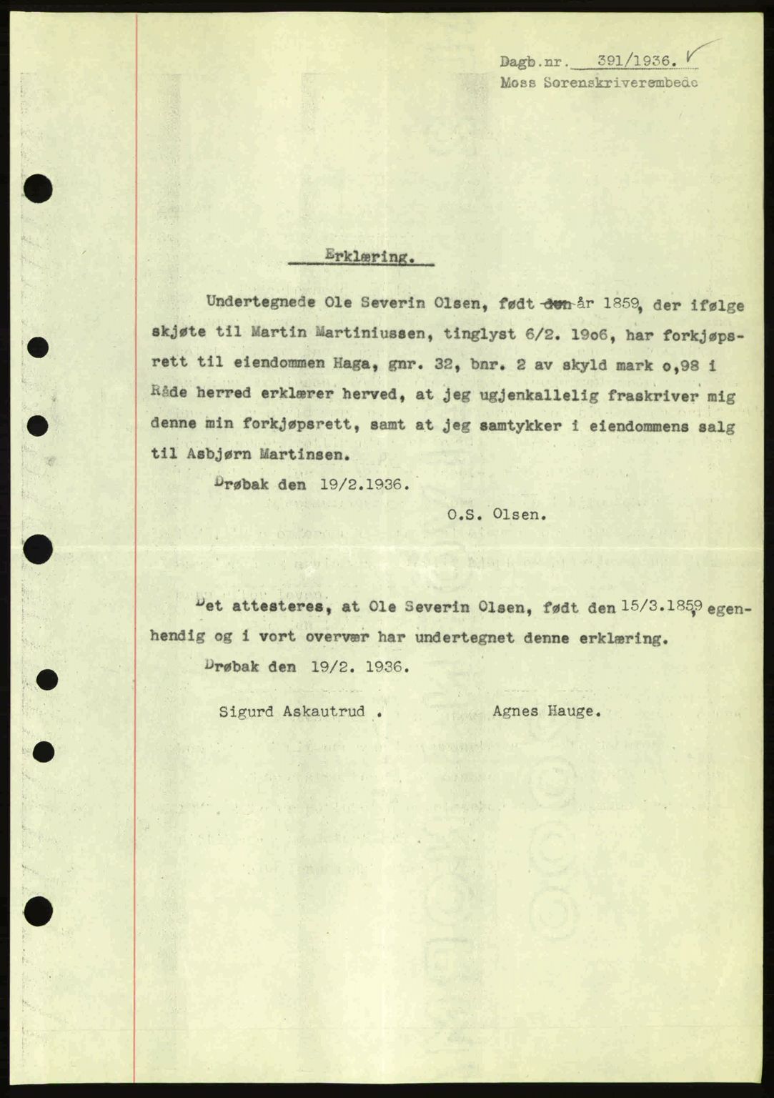 Moss sorenskriveri, SAO/A-10168: Pantebok nr. A1, 1936-1936, Dagboknr: 391/1936