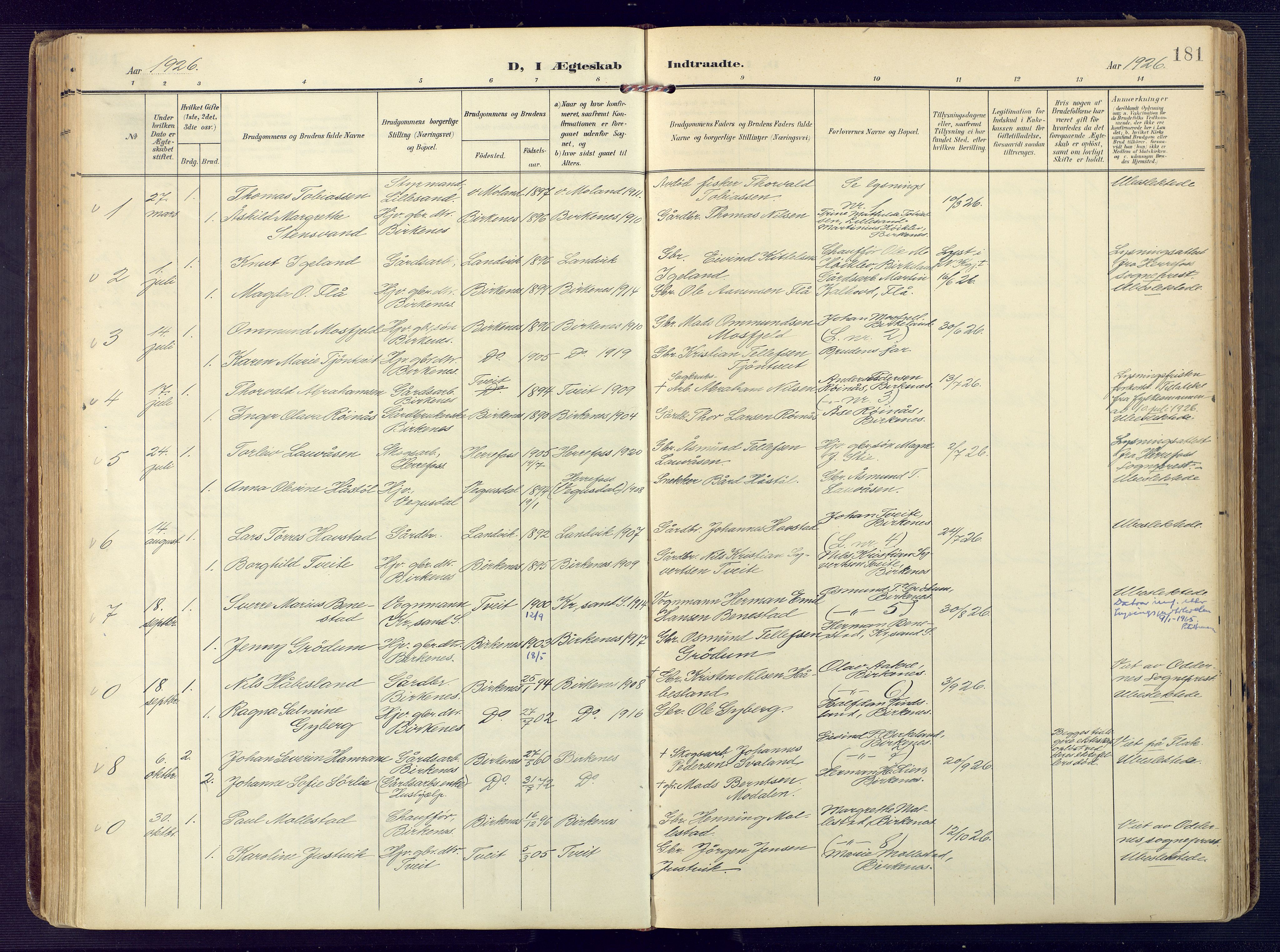 Birkenes sokneprestkontor, SAK/1111-0004/F/Fa/L0006: Ministerialbok nr. A 6, 1908-1932, s. 181