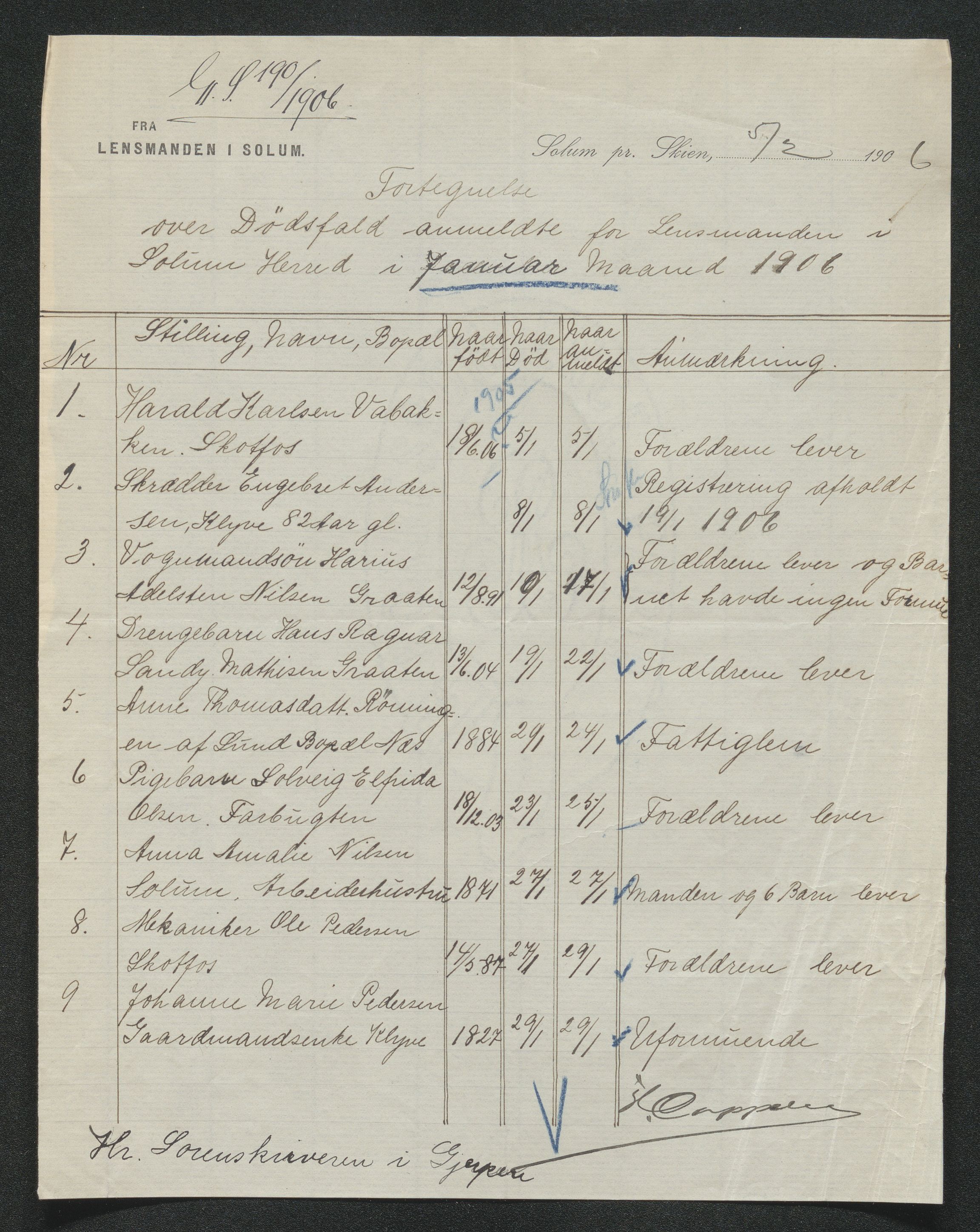 Gjerpen sorenskriveri, AV/SAKO-A-216/H/Ha/Hab/L0007: Dødsfallsmeldinger, Solum, 1899-1915, s. 248