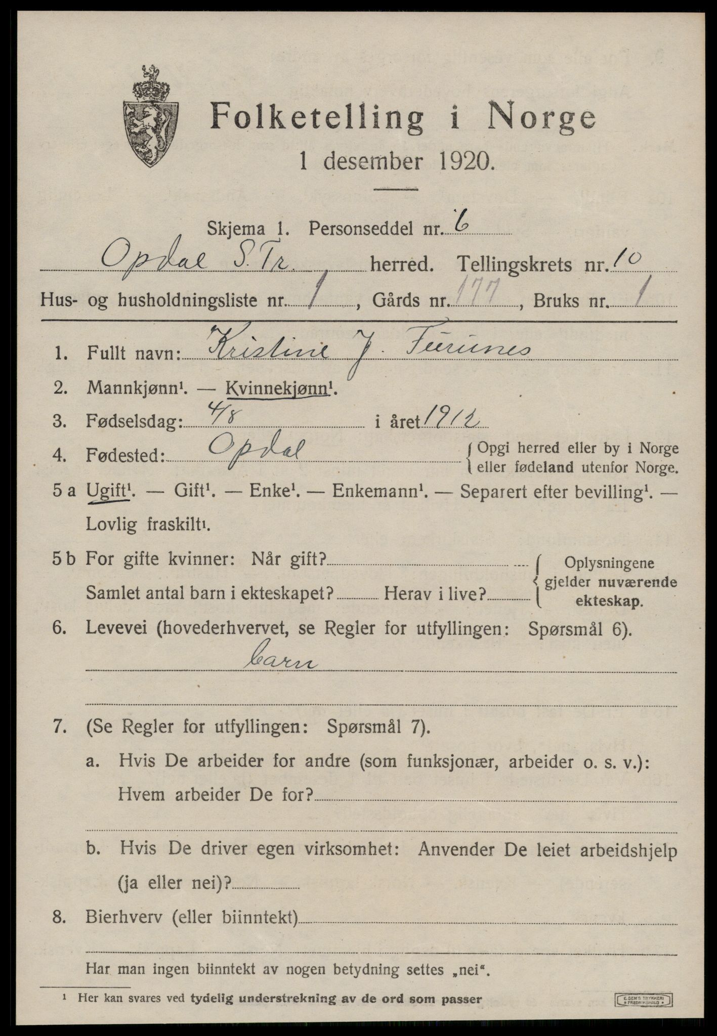 SAT, Folketelling 1920 for 1634 Oppdal herred, 1920, s. 8159