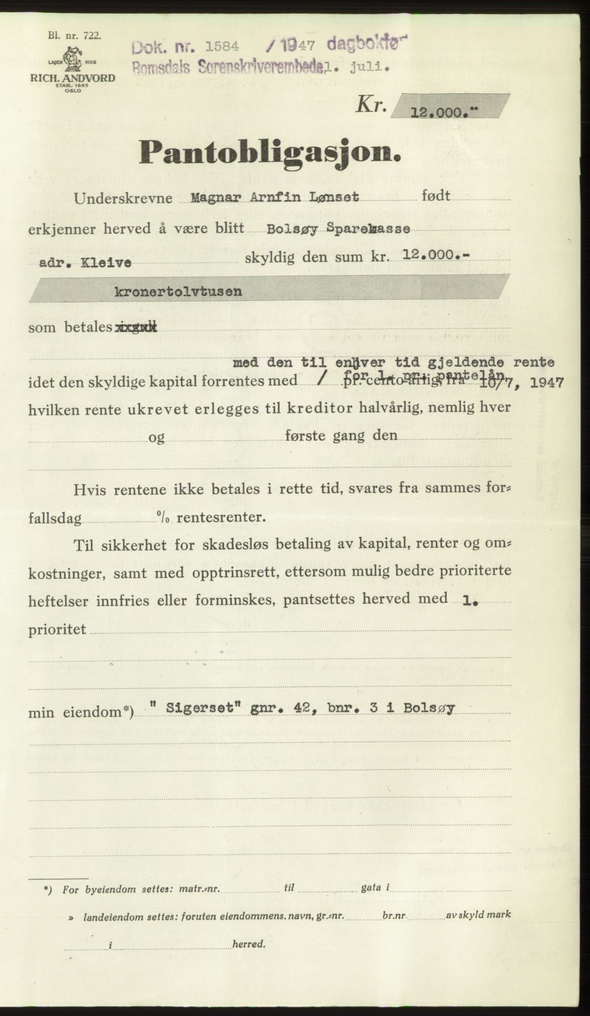 Romsdal sorenskriveri, SAT/A-4149/1/2/2C: Pantebok nr. B3, 1946-1948, Dagboknr: 1584/1947