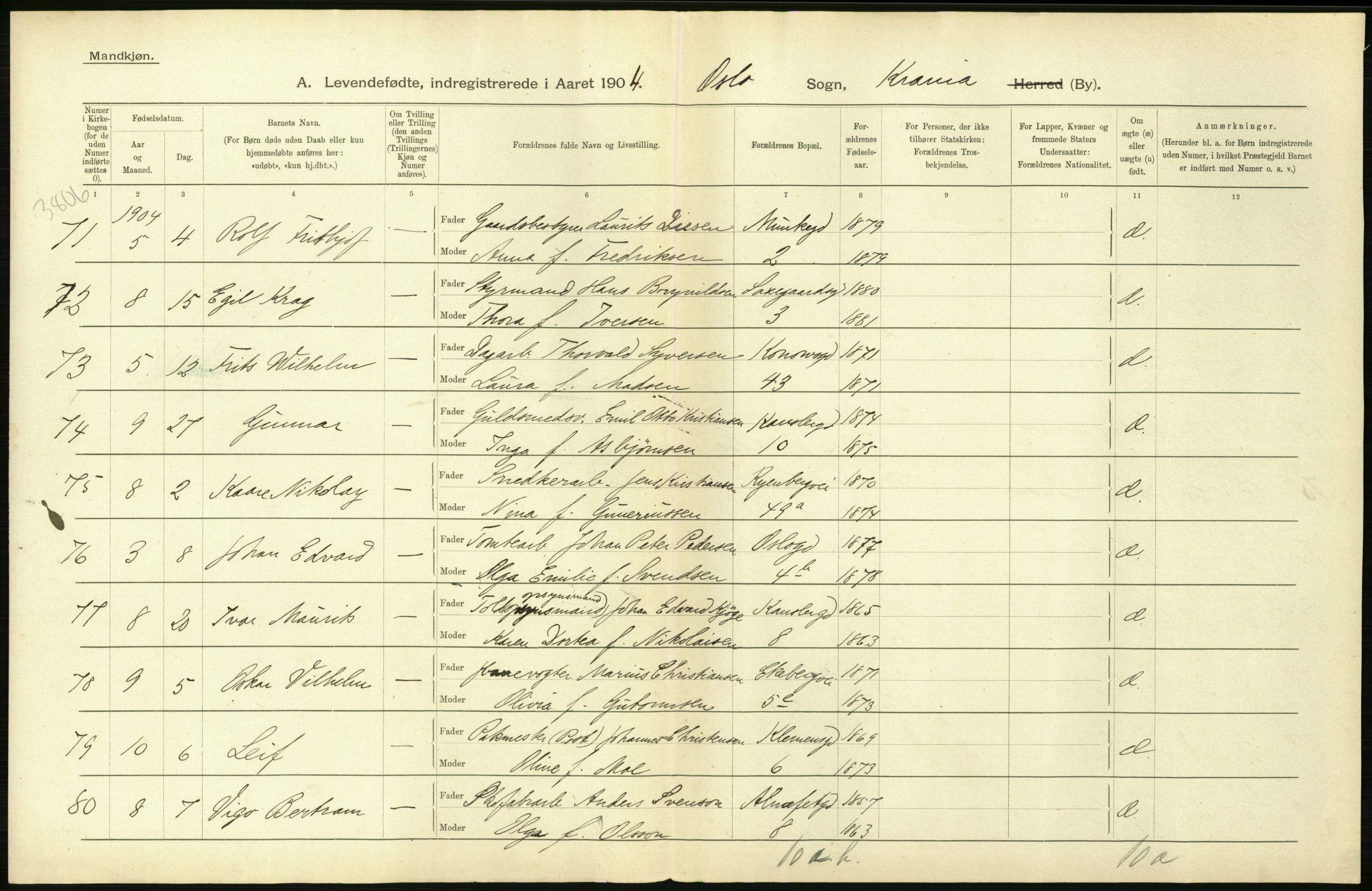 Statistisk sentralbyrå, Sosiodemografiske emner, Befolkning, AV/RA-S-2228/D/Df/Dfa/Dfab/L0003: Kristiania: Fødte, 1904, s. 200